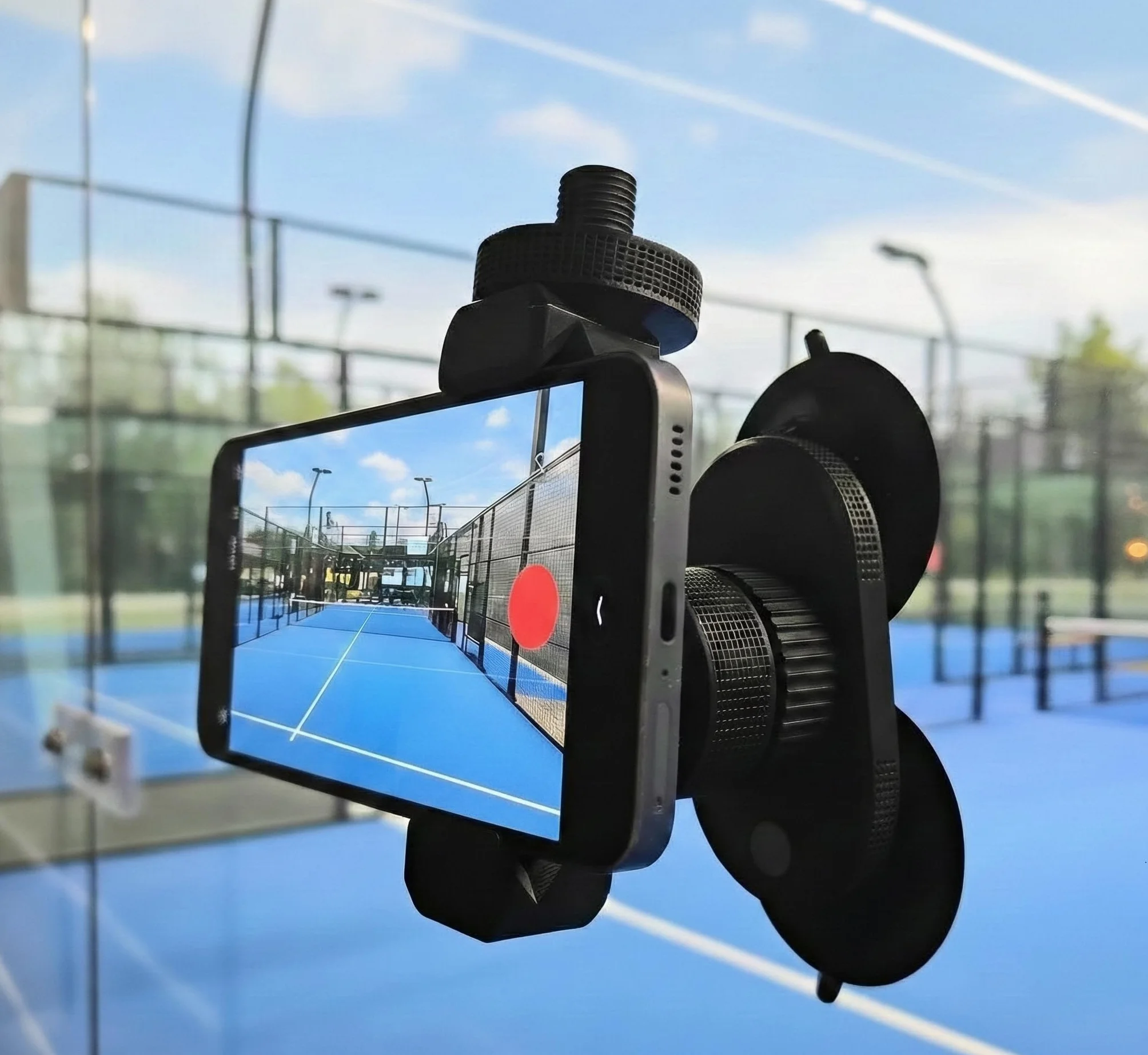Uchwyt na telefon Padel z wytrzymałą przyssawką - uniwersalny uchwyt na aparat do nagrywania wideo, treningu i mediów społecznościowych - obracany o 360° - kompatybilny z iPhone, Samsung i nie tylko