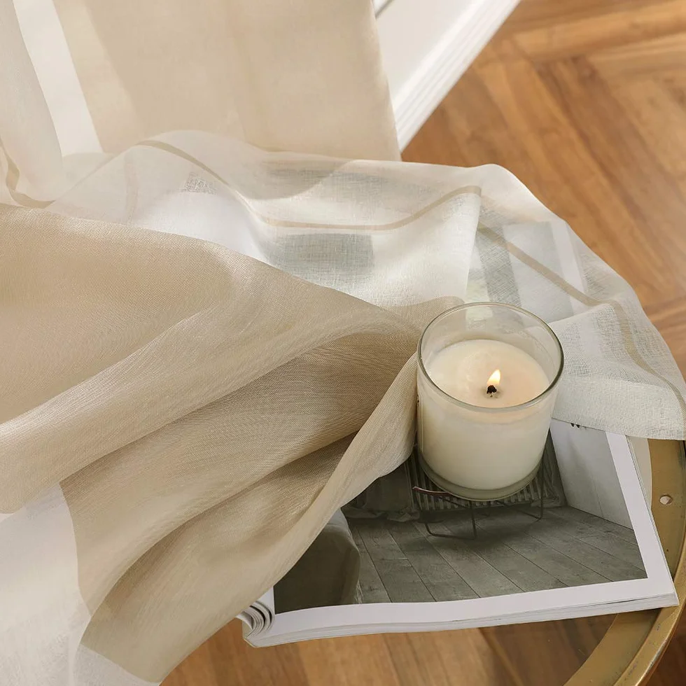 MIULEE Rideaux Voilage à Rayures Blancs et Beige, Voilage Fenêtre avec Oeillets, Hauteur 245 cm, Lot de 2