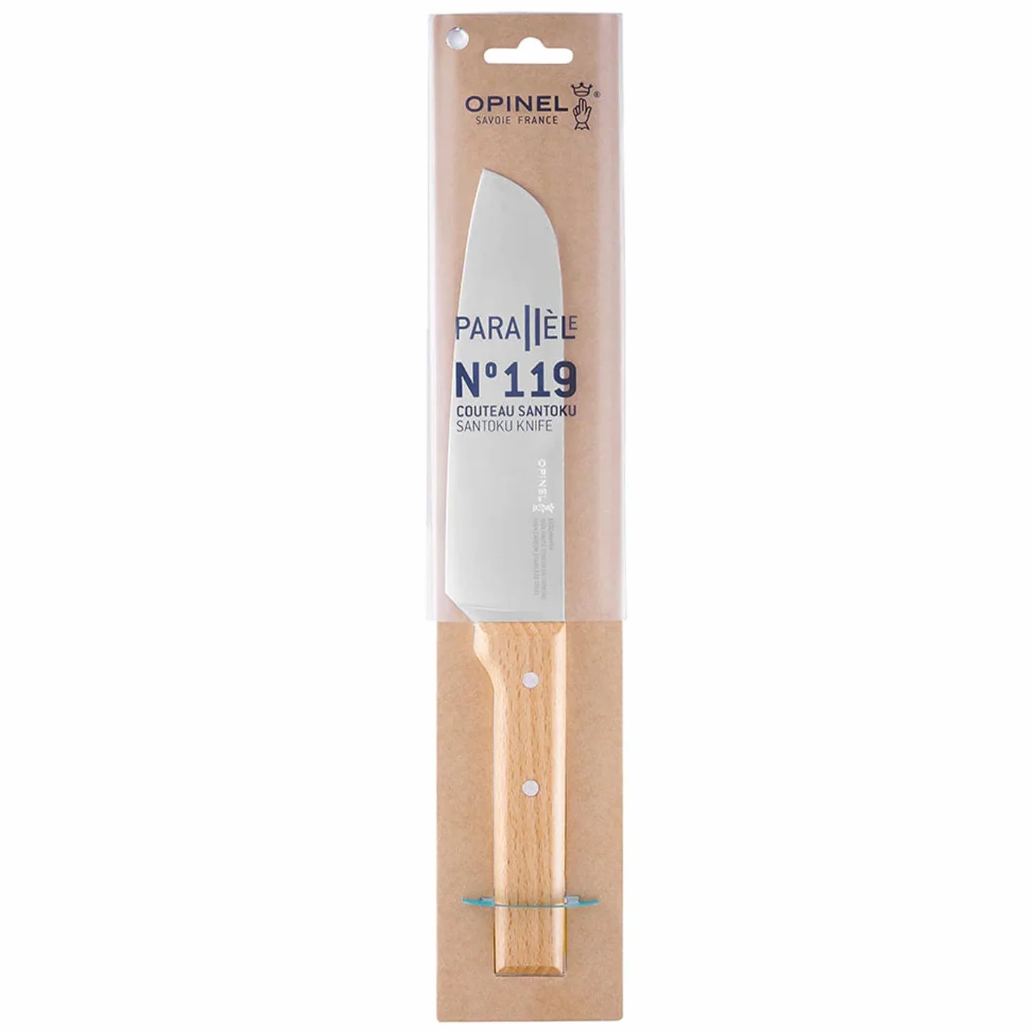 Opinel - N°119 Couteau Santoku Parallèle - Lame en Acier Inoxydable, Coupe et Taille - Manche en Bois de Hêtre - Excellente Prise en Main - Garantie à Vie