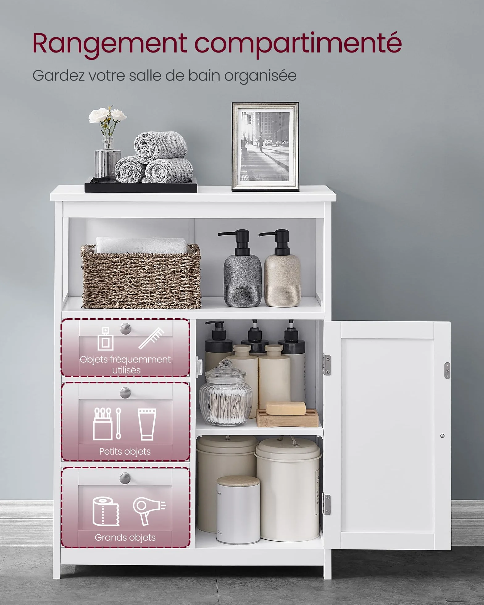 VASAGLE Meuble de Salle de Bain, Meuble de Rangement, Commode, Placard, Armoire, avec Étagères Réglables, 3 Tiroirs, 30 x 60 x 80 cm, Blanc BBC542P31V1