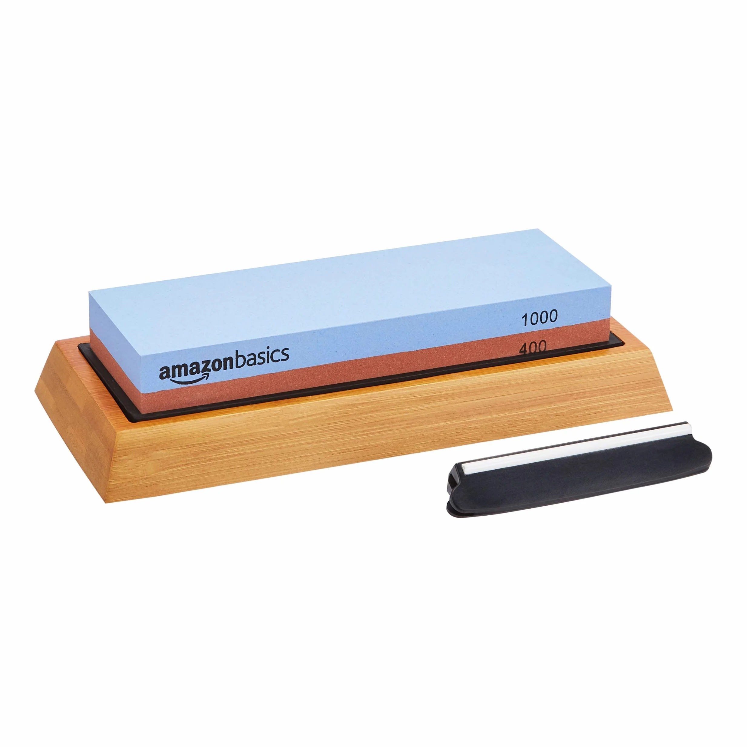Amazon Basics Pierre à aiguiser pour couteaux double face grain 400/1000 avec base antidérapante en bambou bleu rouge
