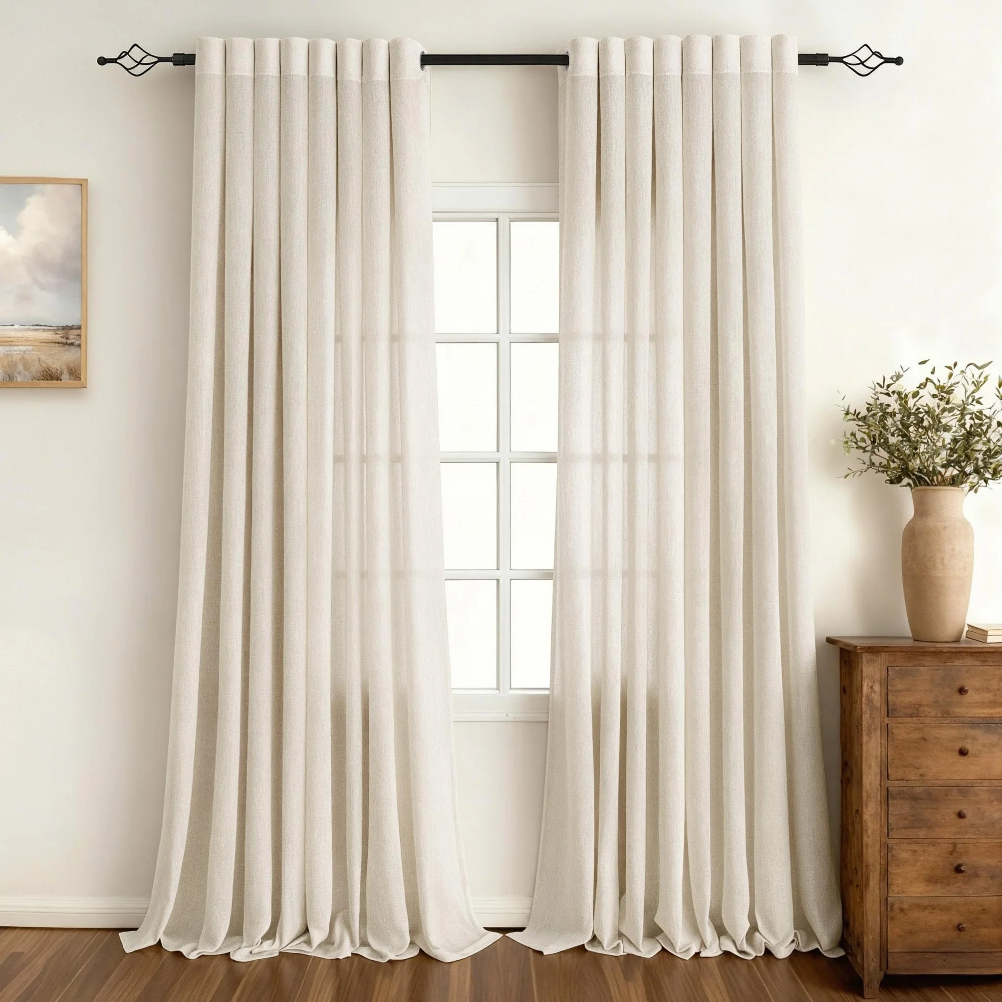 Rideau Voilage Lin Naturel Beige 140x240cm 2pcs Oeillets Moderne Translucides Salon Chambre