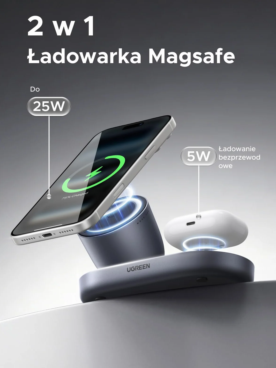 UGREEN Zapix Ładowarka Bezprzewodowa 2 w 1, Qi2 25W Certyfikowana Magnetyczna Stacja Ładowająca Kompatybilna z MagSafe dla iPhone'a 17/16/15/14/13/12 i AirPods, z kablem 1 m – Czarny