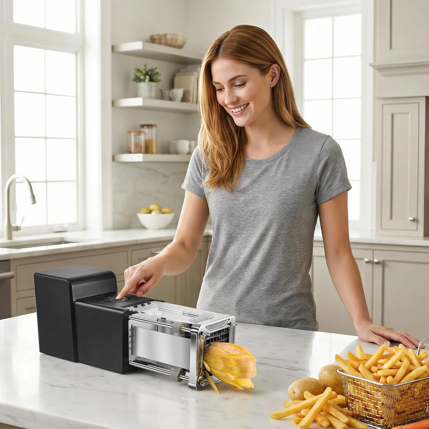 Coupe Frites Electrique, Sopito Coupe Frite Professionnel en Inox avec Lames de 6 mm, 9 mm et 12 mm, Coupe-frites Electrique pour Pommes de Terre, Concombres, Carottes et Courgettes