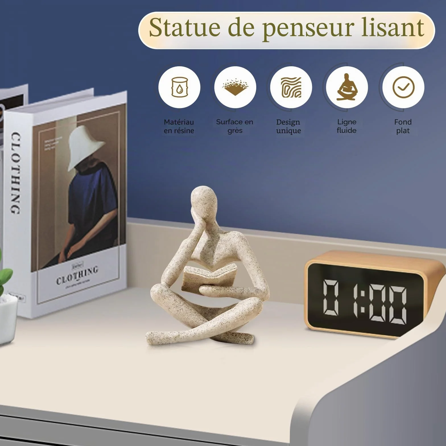 Statue de penseur résine beige décoration intérieur sculpture art abstrait salon bibliothèque
