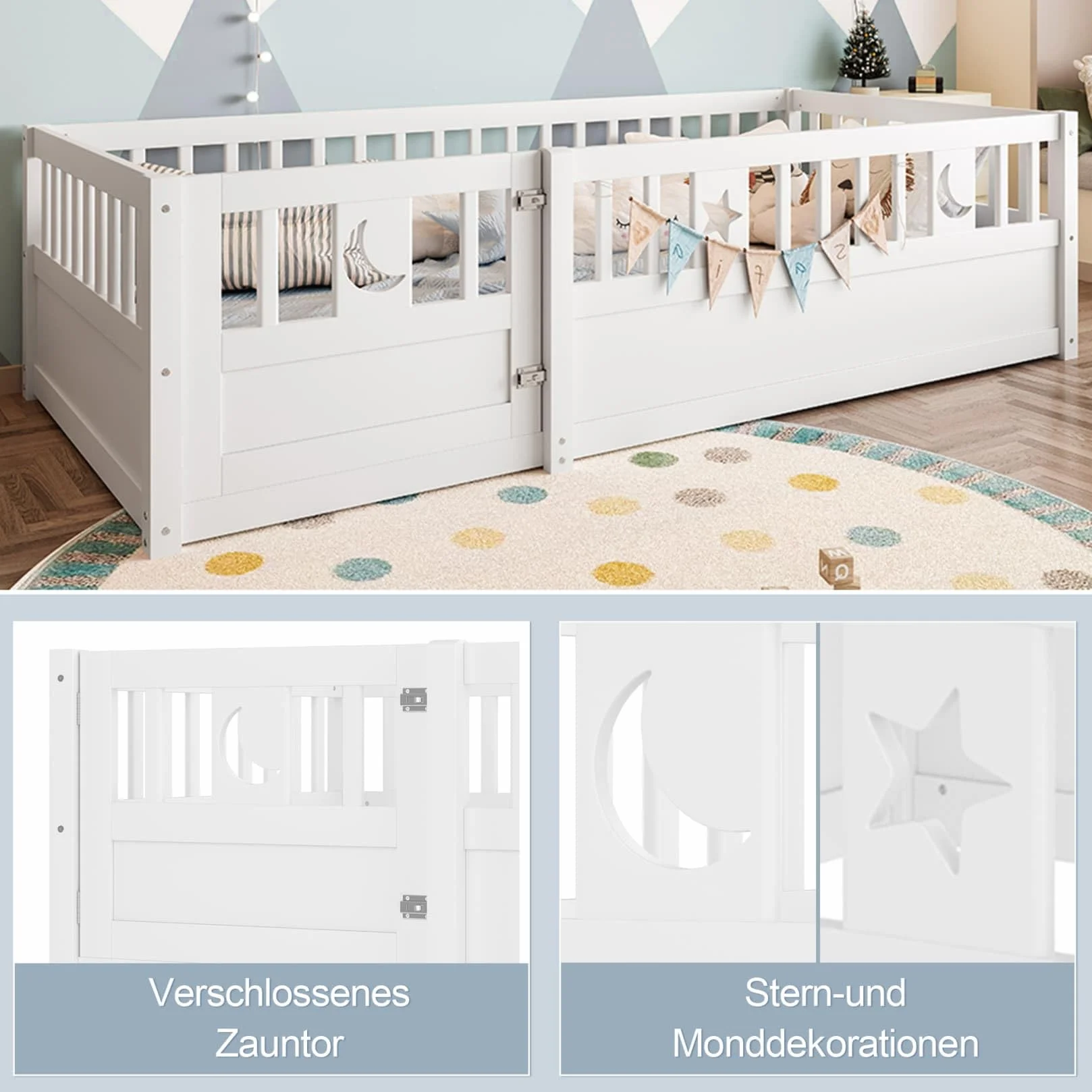 PUGSDRLY Lit Cabane Enfant 90x190cm avec Barriere et Serrure,Lit Montessori au Sol sans Sommier à Lattes,Cadre en Bois de Pin pour Enfant,Blanc,sans Matelas (90-A)