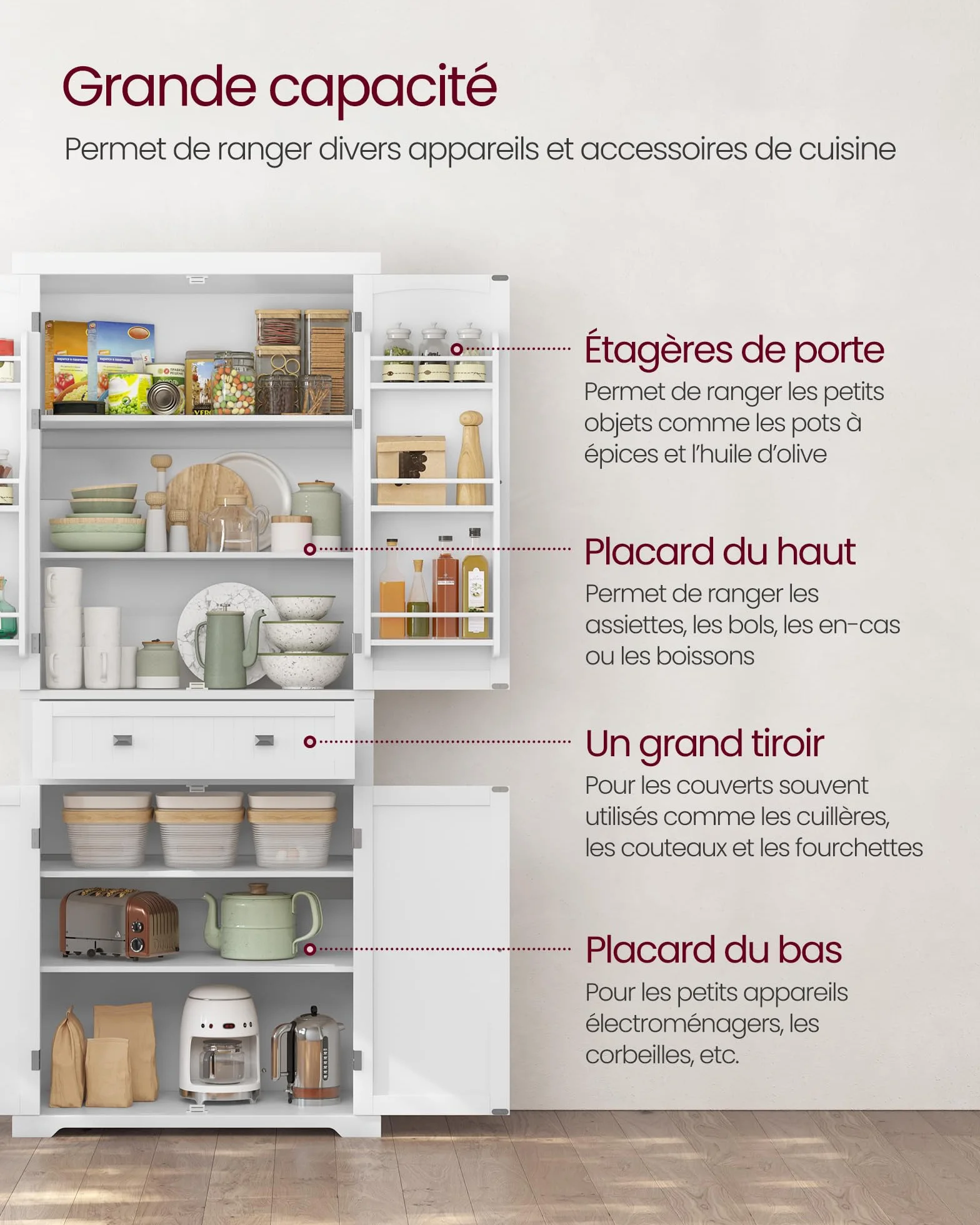 VASAGLE Buffet Haut Cuisine, Meuble de Rangement, Armoire, Vaisselier, Hauteur 182,1 cm, avec Tiroir, Placards, Étagères Réglables, pour Salon, Cuisine, Blanc BBC561W21