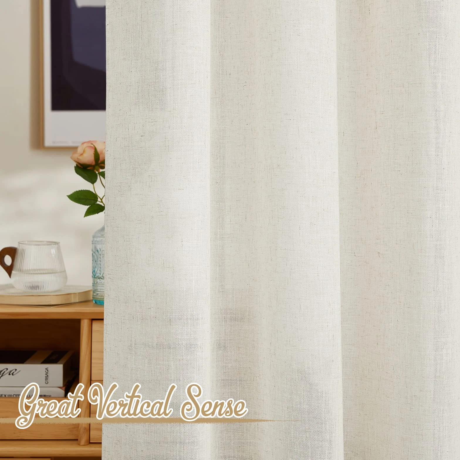 Rideaux Voilage Lin Naturel Demi Transparent 140x245 cm Beige Clair 2 Pièces