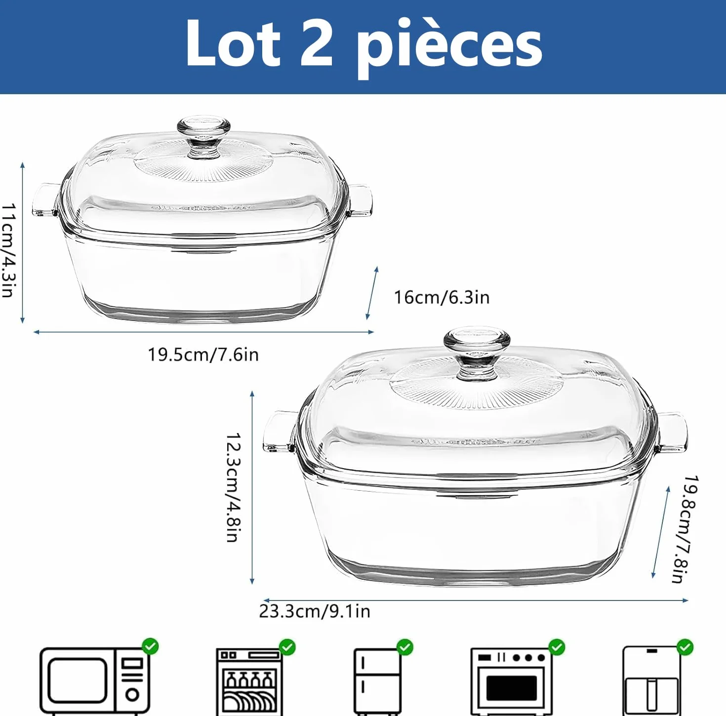 Lot de 2 Plats Four en Verre avec Couvercles, 0,8 L et 1,5 L, Plats à Gratin Carrés Résistants à la Chaleur, Compatibles Four et Micro-ondes, pour Gratin, Ragoût et Service