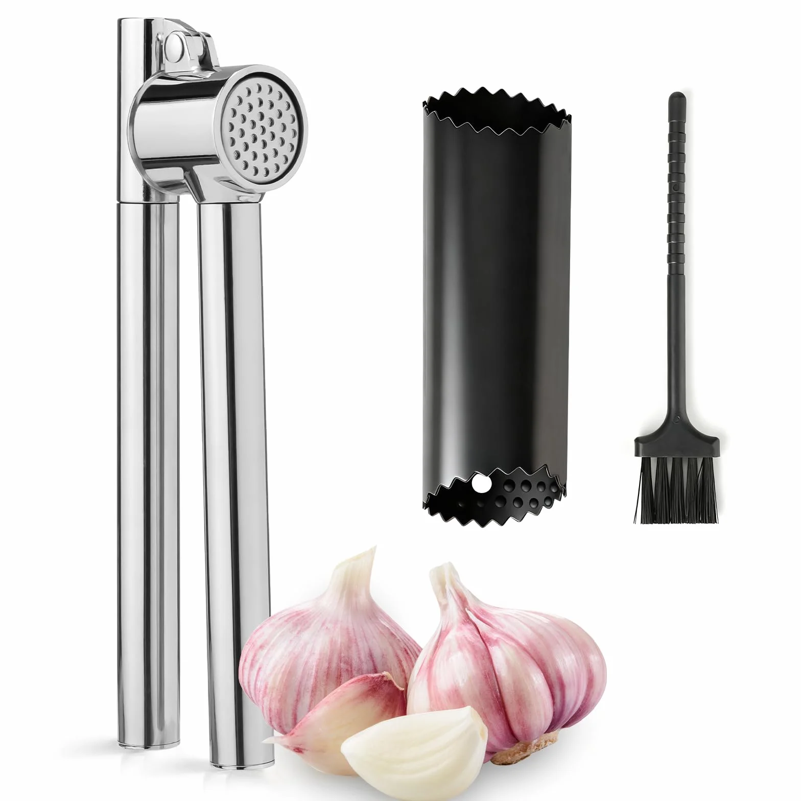 VINATO Presse Ail Inoxydable, Ustensiles de Cuisine Inox avec Eplucheur et Brosse