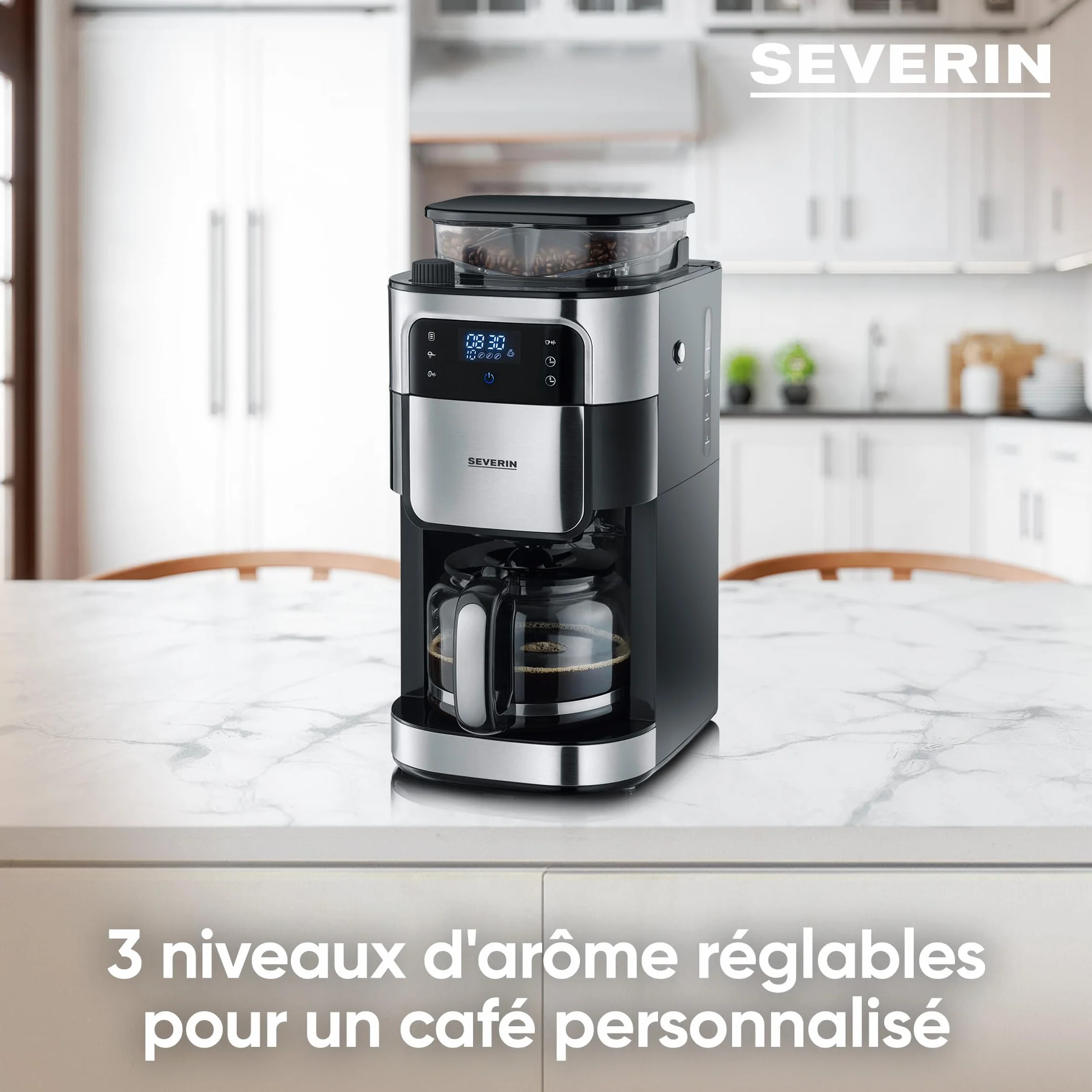 SEVERIN Cafetière Filtre Avec Broyeur, 1 000W, 1,4L, Jusqu'à 10 tasses, Sélecteur d'arôme, Ecran tactile, Inox Brossé/Noir,KA 4813, 43.50