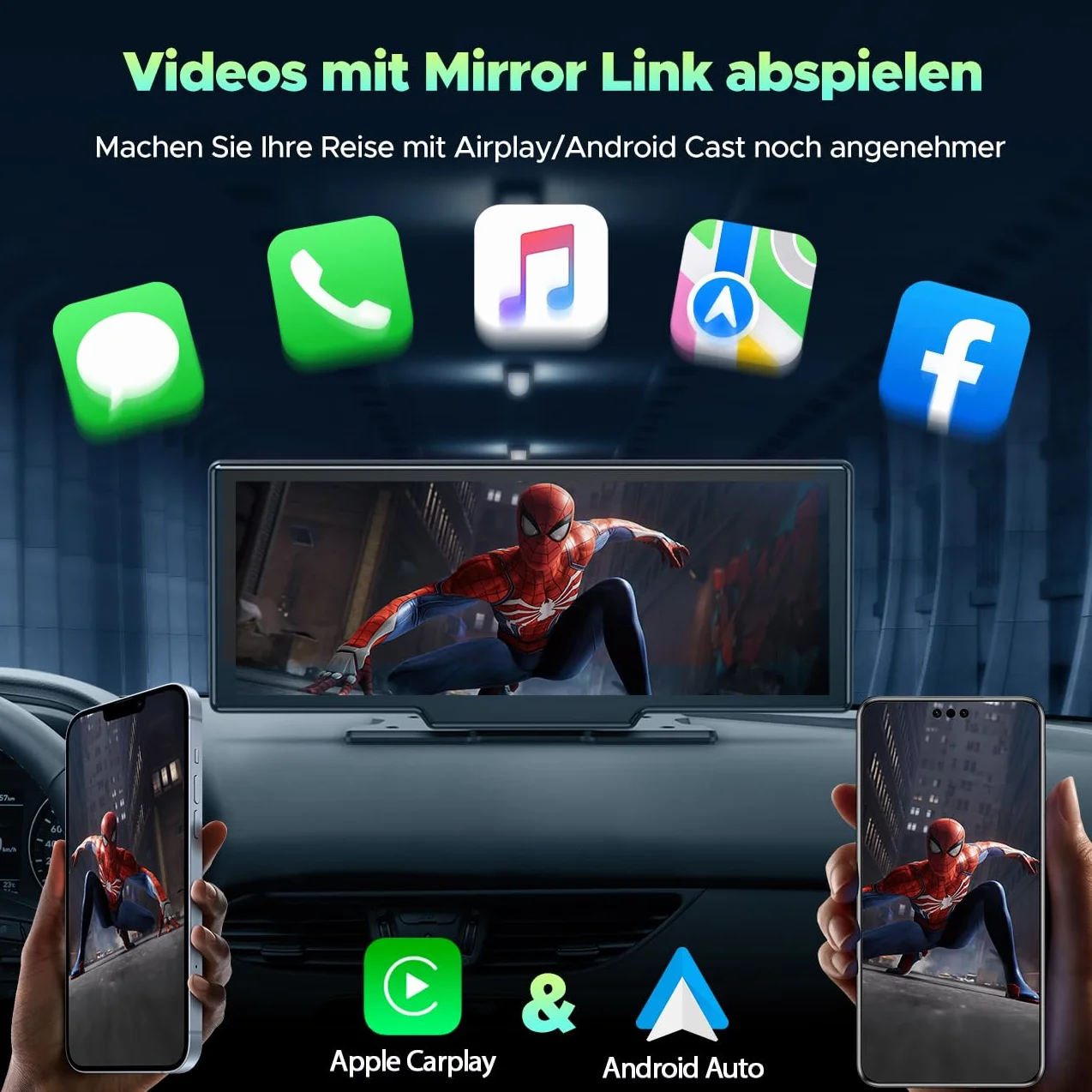 LAMTTO Bezprzewodowe radio samochodowe CarPlay z systemem Android, 9,26", przenośne, z kamerą rozdzielczą 2,5 K + 1080p z przodu, 64 G TF, Bluetooth, nawigacja, Mirror Link, Siri/G00gle, AUX/FM