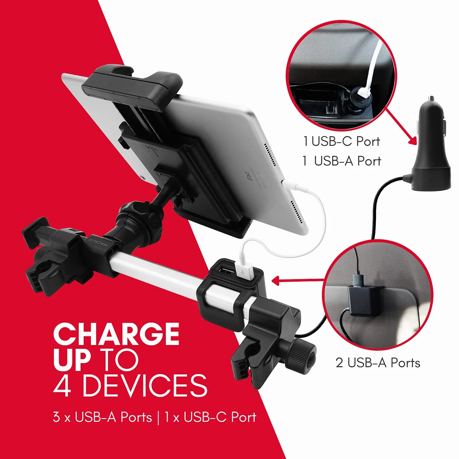 Macally HRMOUNTPRO4UAC, podwójny tryb montażu na zagłówek tabletu z ładowarką USB do siedzenia samochodowego z przodu i z tyłu, do iPada i innych tabletów, Nintendo Switch itp