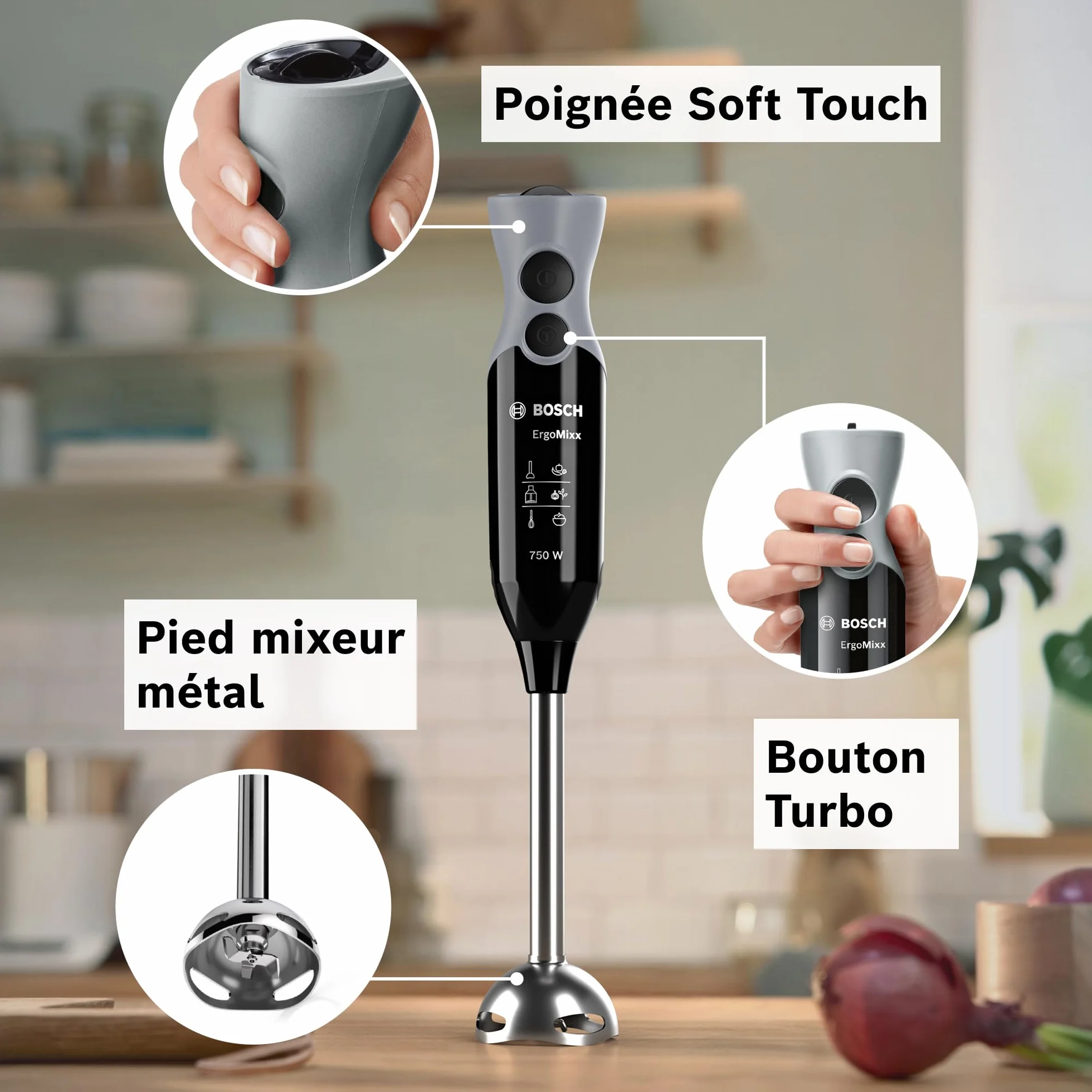 Bosch Mixeur plongeant ErgoMixx, moteur 600 W, 12 vitesses et fonction turbo, hachoir XL, fouet, gobelet doseur, noir, MSM67160