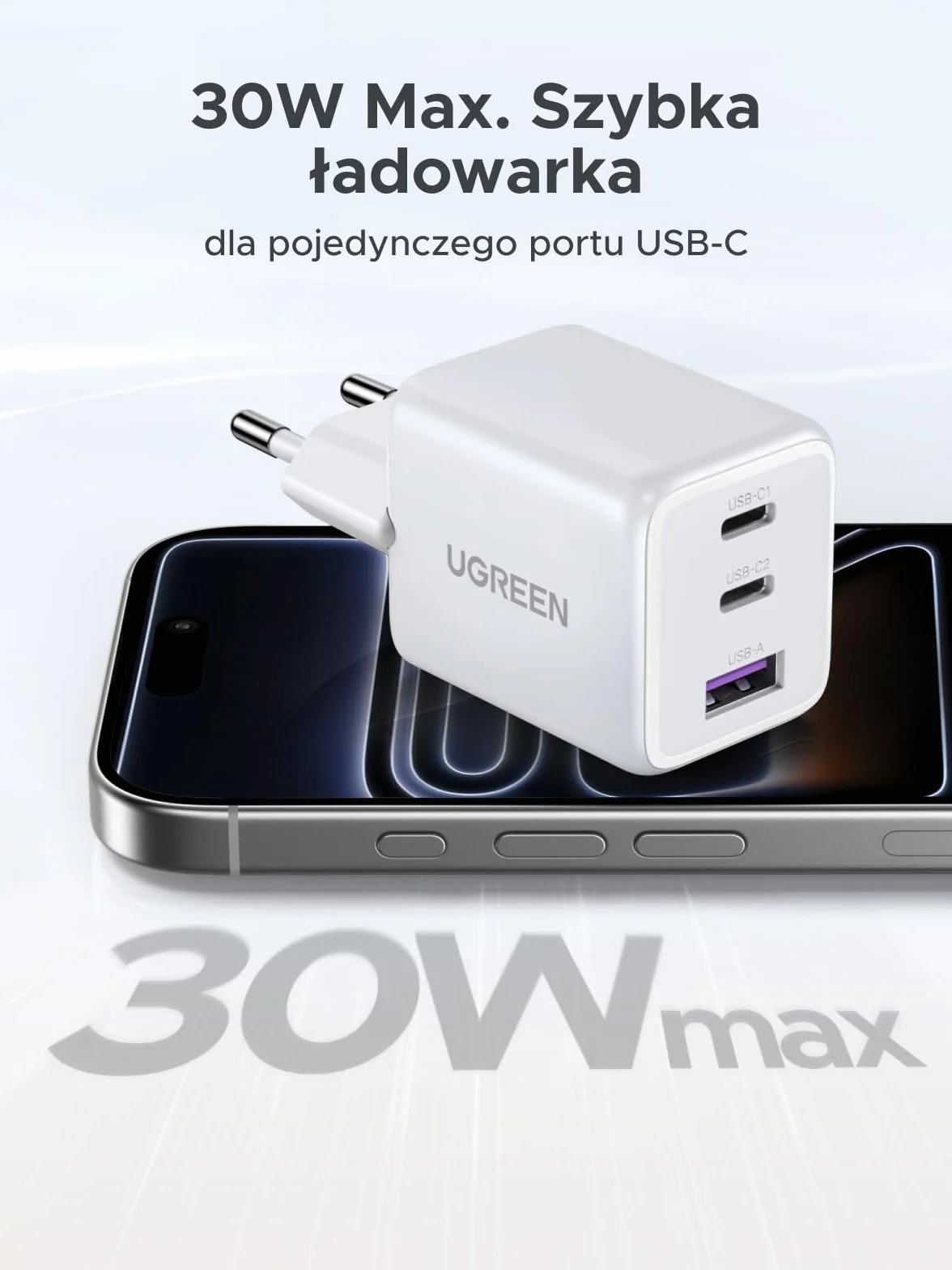 UGREEN ładowarka USB C 30W 3-portowy adapter iPhone GaN II zasilacz PD szybkiej ładowania kompatybilny z iPhone 17 Pro Max, 16, 15, 14, 13, iPad, Galaxy S25, S24 Pixel 9 (Biały)