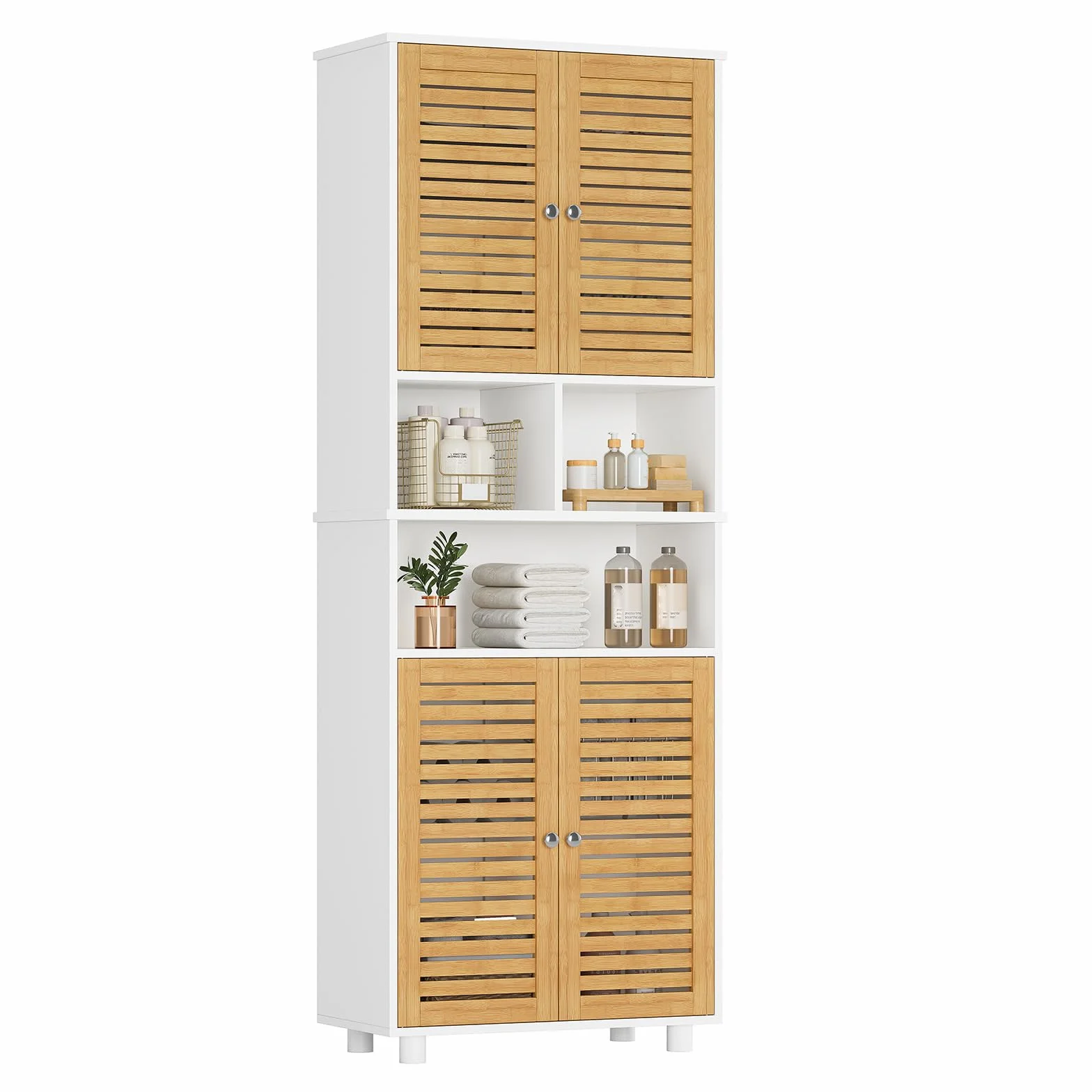 Meuble Colonne de Salle de Bain, Armoire Haute Cuisine avec 3 Étagères Réglables et Ouvertes, 4 Portes en Bambou, Meuble de Rangement pour Salon, Cuisine, Salle de Bain, 60x30x170 cm