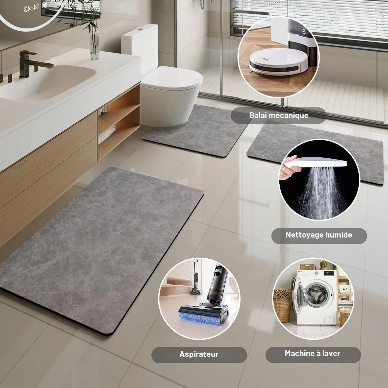 Tapis de Bain Diatomite 60x90cm Absorbant Mousse à Mémoire de Forme Gris Foncé