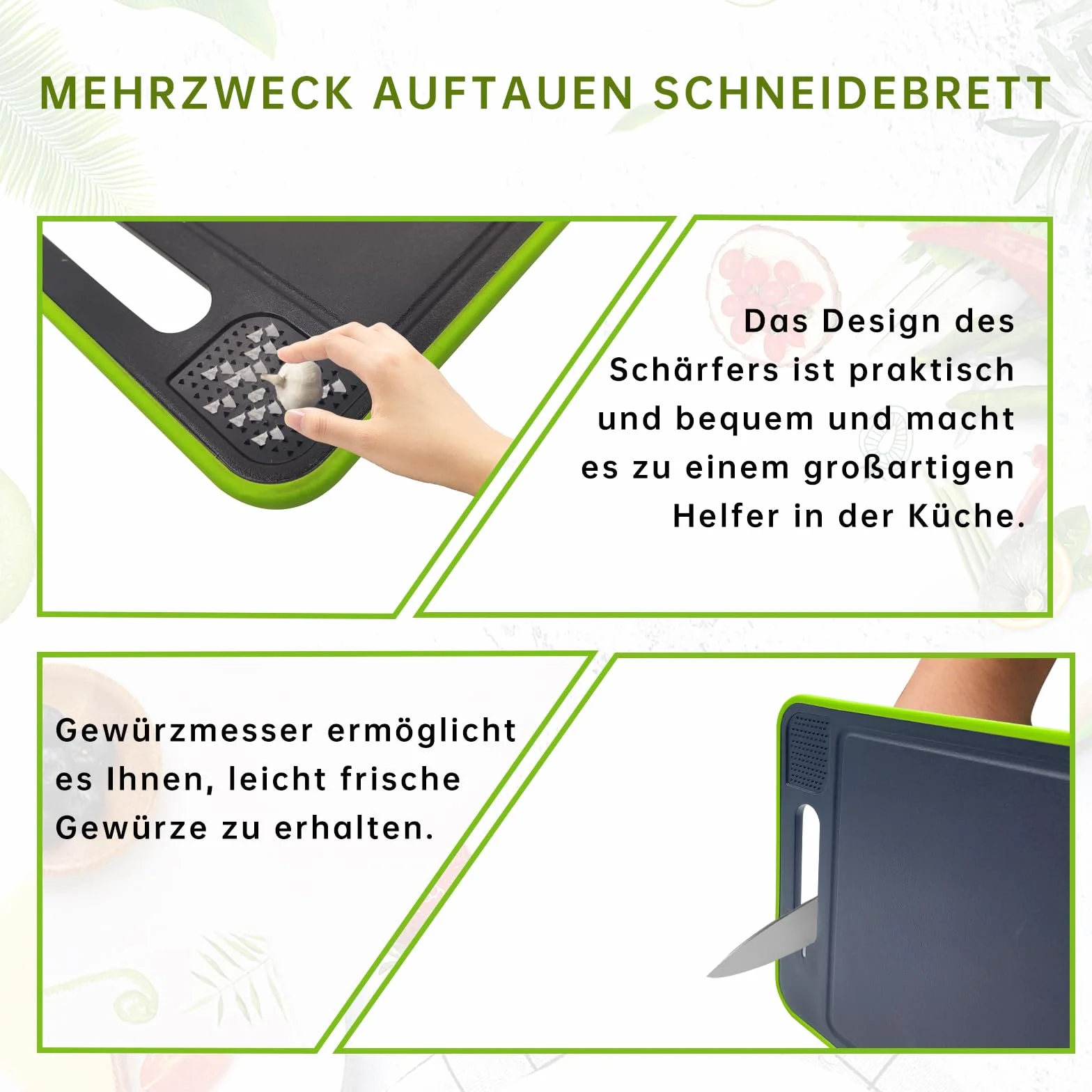 Planche à décongeler 4 en 1 Gadgets de Cuisine Pratiques, 3 x Décongélation Rapide, Planche à découper multifonctionnelle, avec Moulin à Couteaux et ail intégré