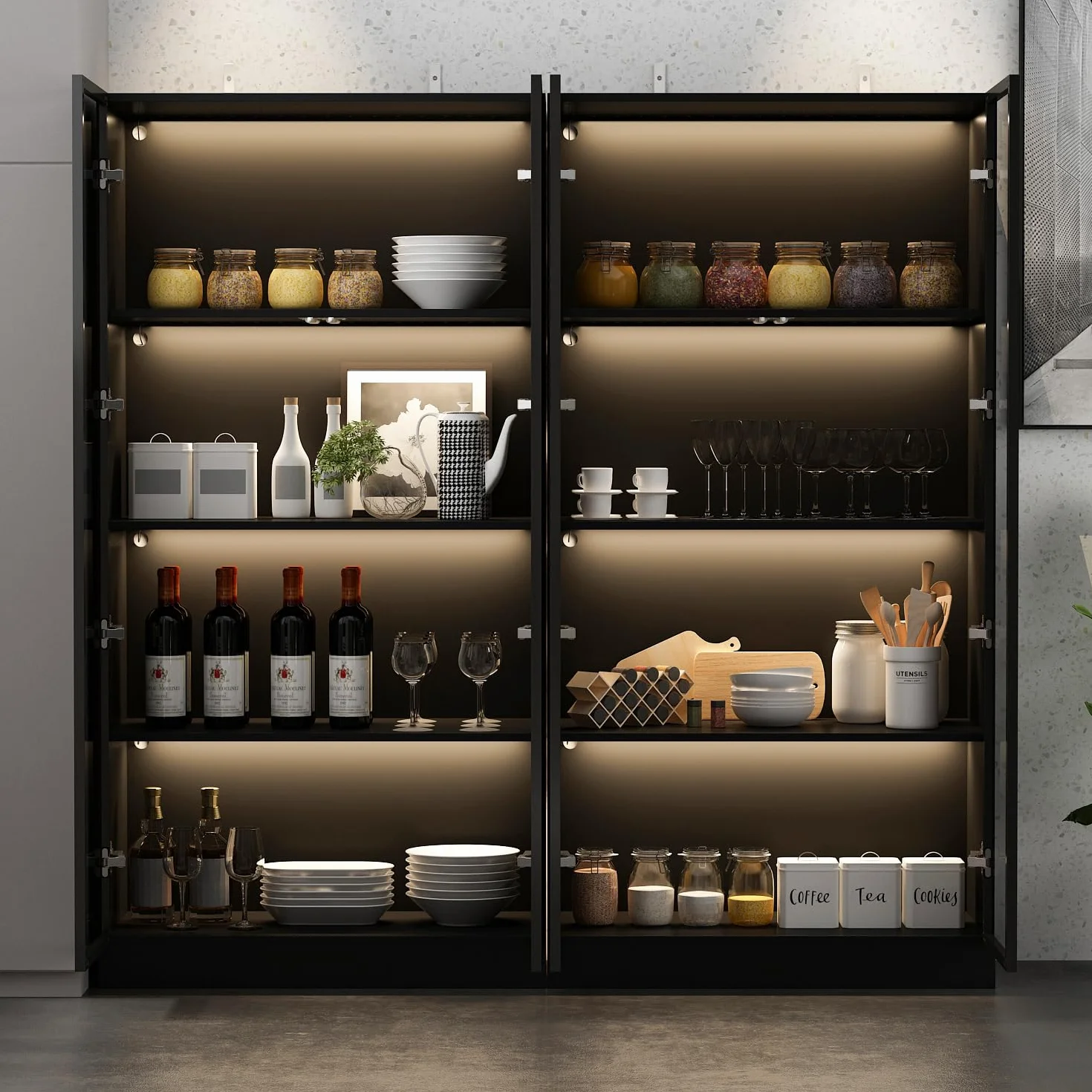 Vitrine en Verre avec éclairage,Meuble de Rangement avec Etagères,Armoire Multifonction en Verre Debout avec étagères à 4 Niveau, Armoire de Salon,40 x 160 x 80 cm,Noir