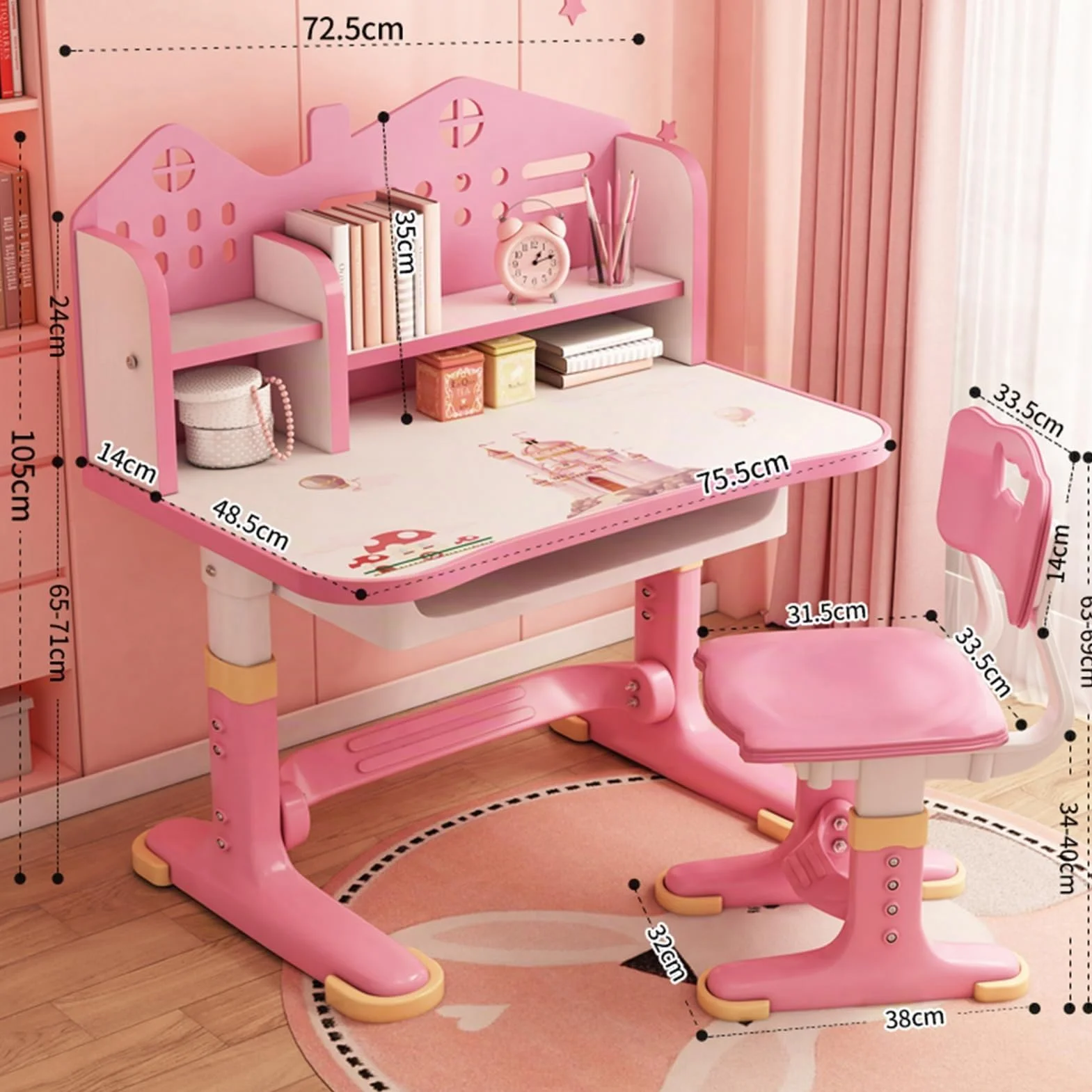 Ensemble de table et de chaises pour enfants - Hauteur réglable - Table d'apprentissage et chaises - Rose - Bureau pour enfants avec tiroirs et compartiments de rangement - Lecture