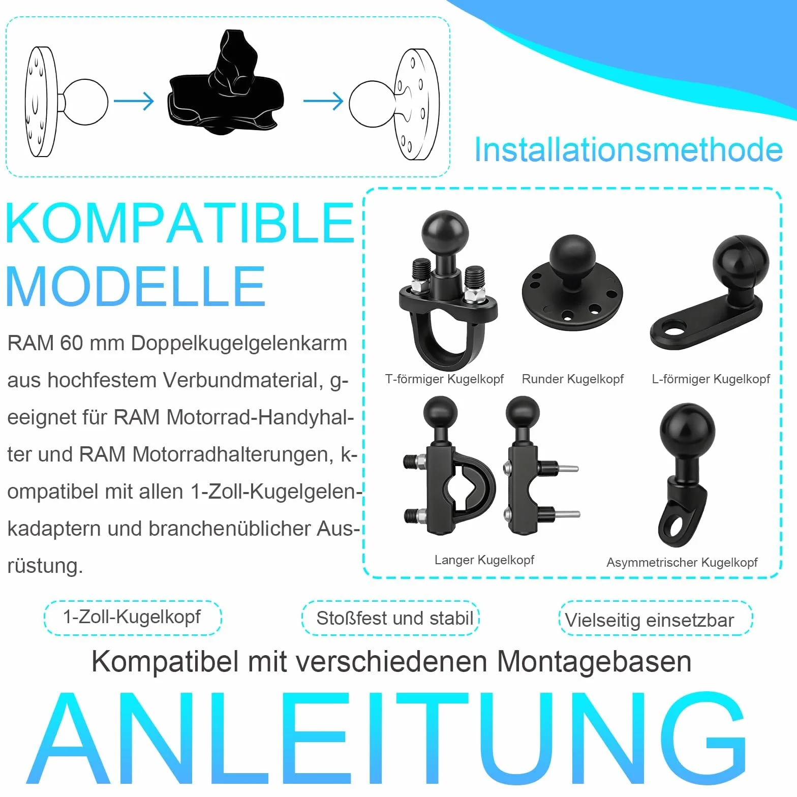 Ramię montażowe do uchwytu motocyklowego 60 mm – kompatybilne z adapterem kulowym 1 cal, uniwersalny uchwyt na telefon i GPS, Do Motocykli, Quadów, Rowerów