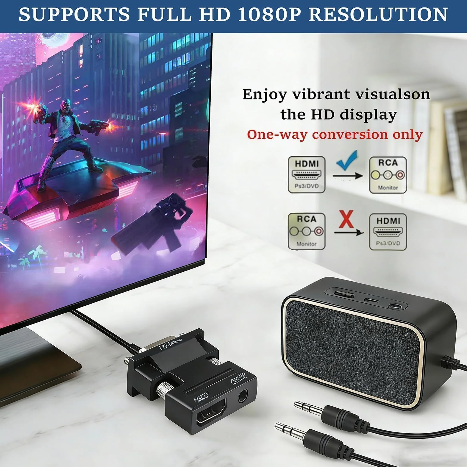 Convertisseur HDMI vers VGA 1080p avec Audio 3,5 mm, Adaptateur Vidéo pour PC Xbox HDTV
