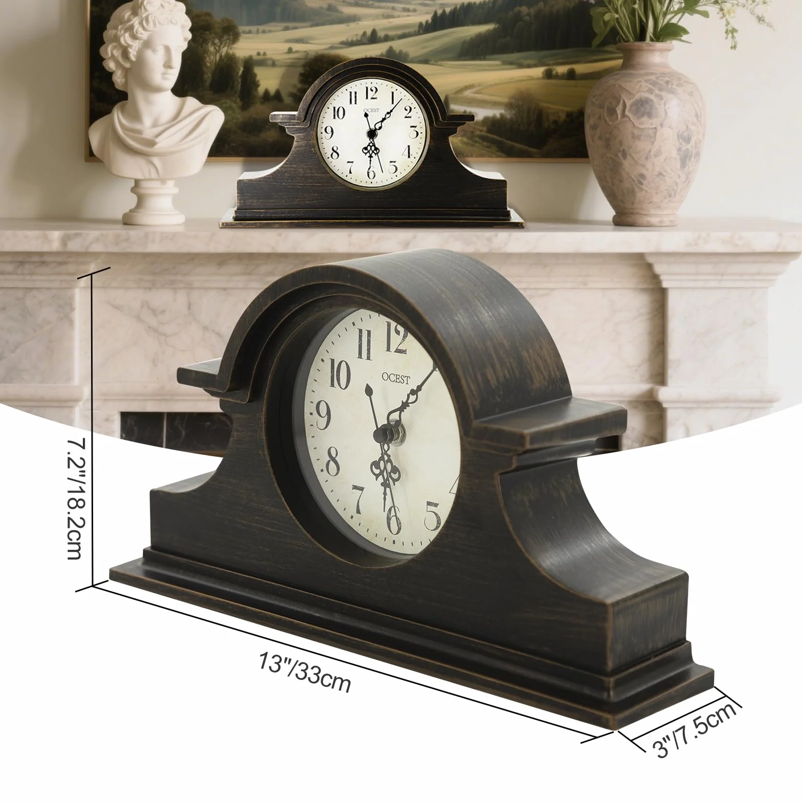 Horloge de cheminée Vintage Rustique 33 x 17,8 cm Finition dorée à Quartz Fonctionnement à Piles