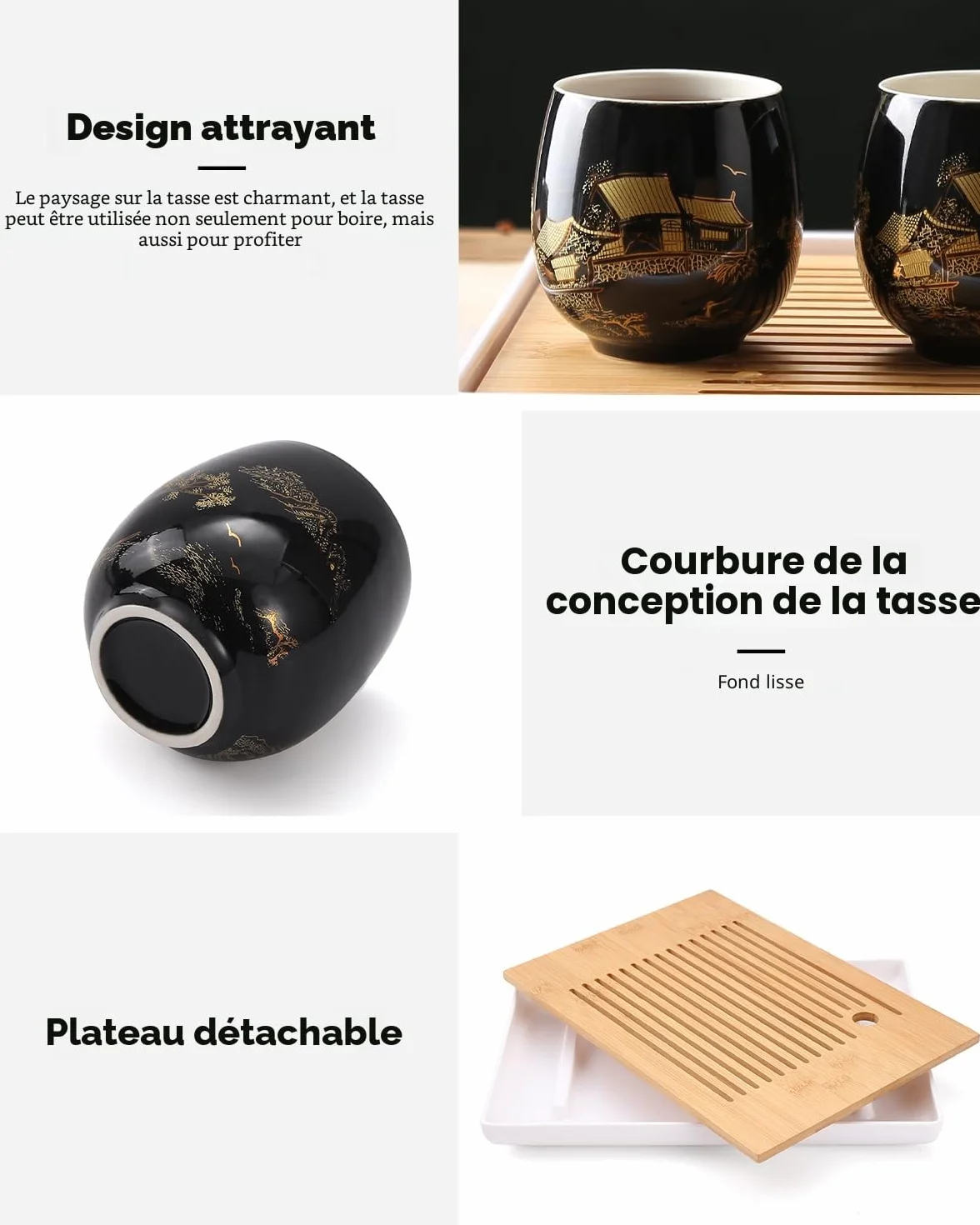 DUJUST Magnifique Service à Thé Japonais, en Porcelaine Noire avec 1 Théière, 6 Tasses, 1 Plateau, 1 Infuseur, Asiatique pour Amateur de Thé (Campagne Dorée)