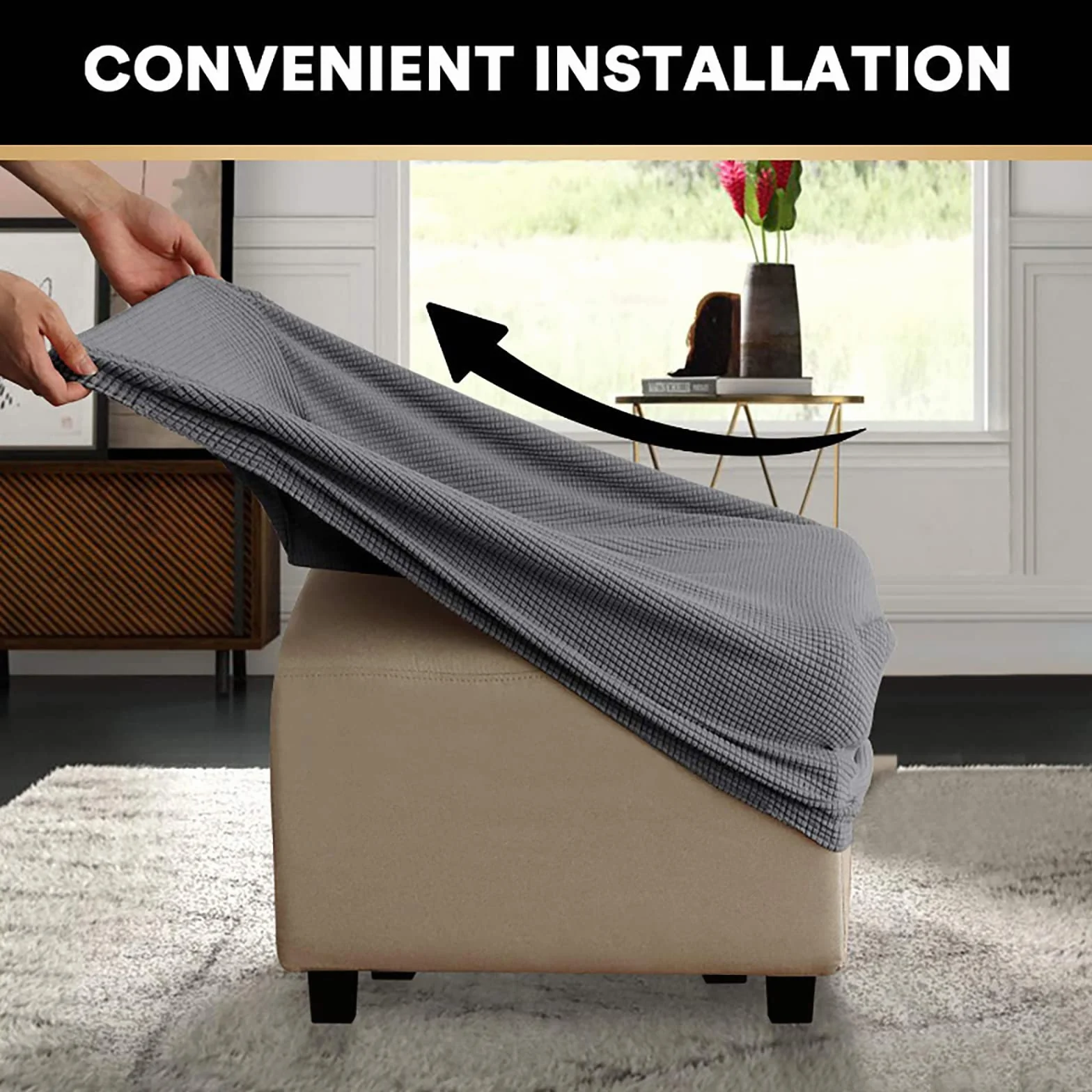 Housse de protection pour repose-pieds carrée, jacquard épais, antidérapant, amovible, café foncé, M