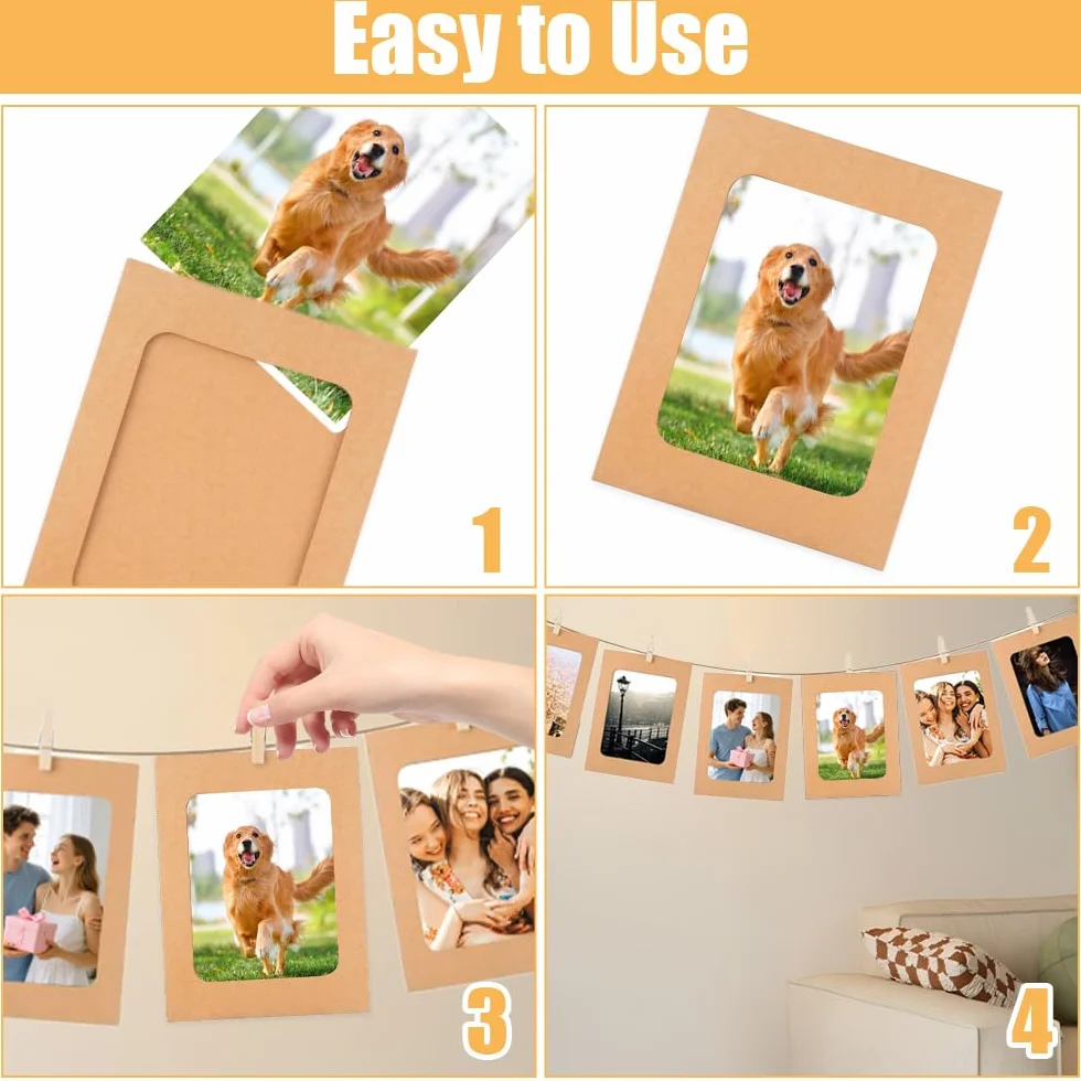 Cadres Photo en Papier Kraft 30 Pièces 15,5 x 11,5 cm Guirlandes avec Pinces en Bois et Corde de Chanvre Décoration Murale Suspendue