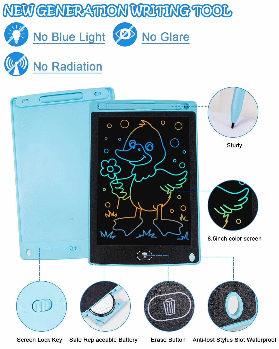 Carehabi 2 Pièces Tablette d'écriture LCD 8,5 Pouces Coloré Effaçable réutilisable Jouet Educatif Filles Garçons