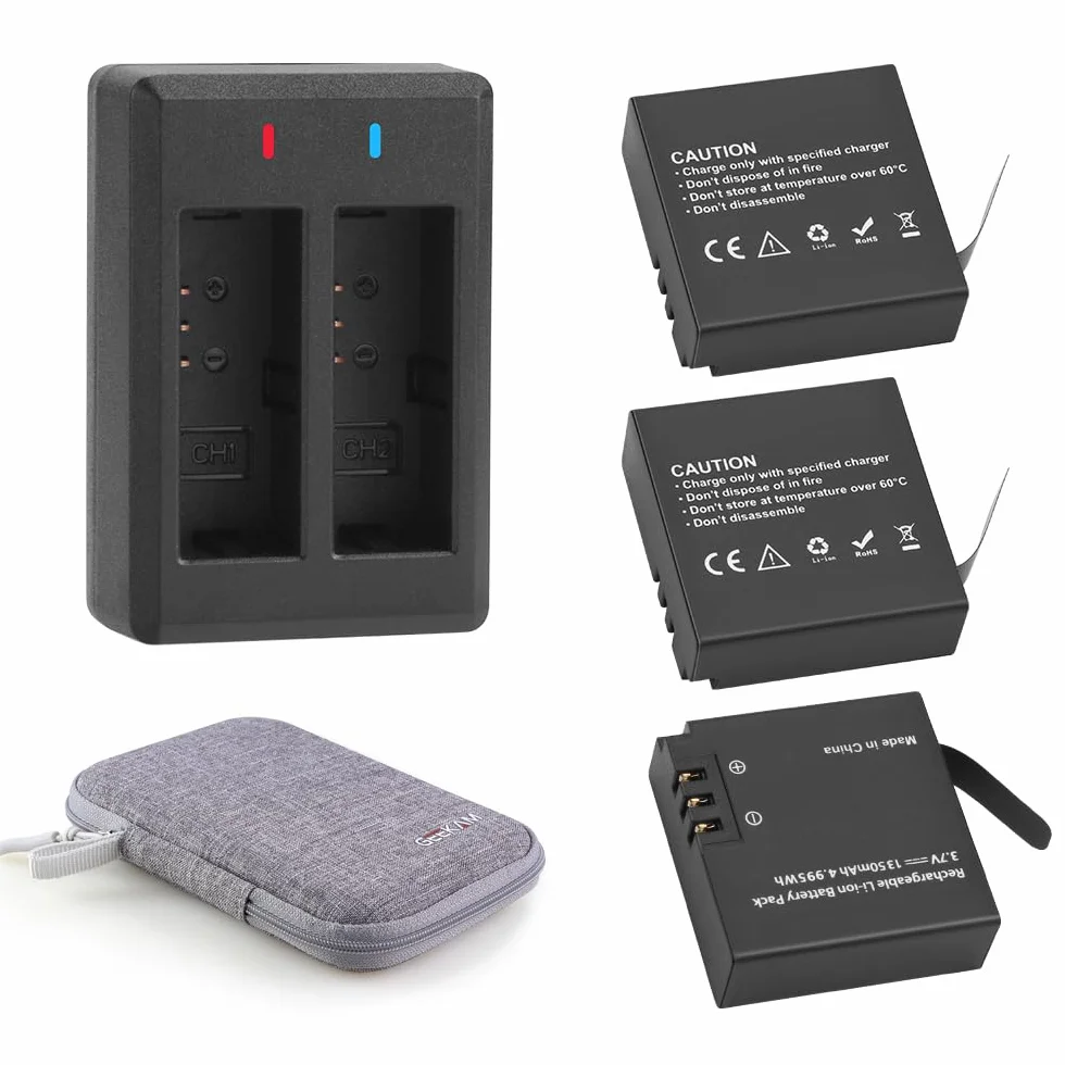 Akumulator 1350mAh (3-pak) z ładowarką do AKASO Brave 7LE(Nie do Brave 7), WOLFANG GA400/GA420/GA460, Rollei 6s Plus/8s Plus/9s Plus/10s Plus/11s Plus, XTU S3/S6, Surfola SF630