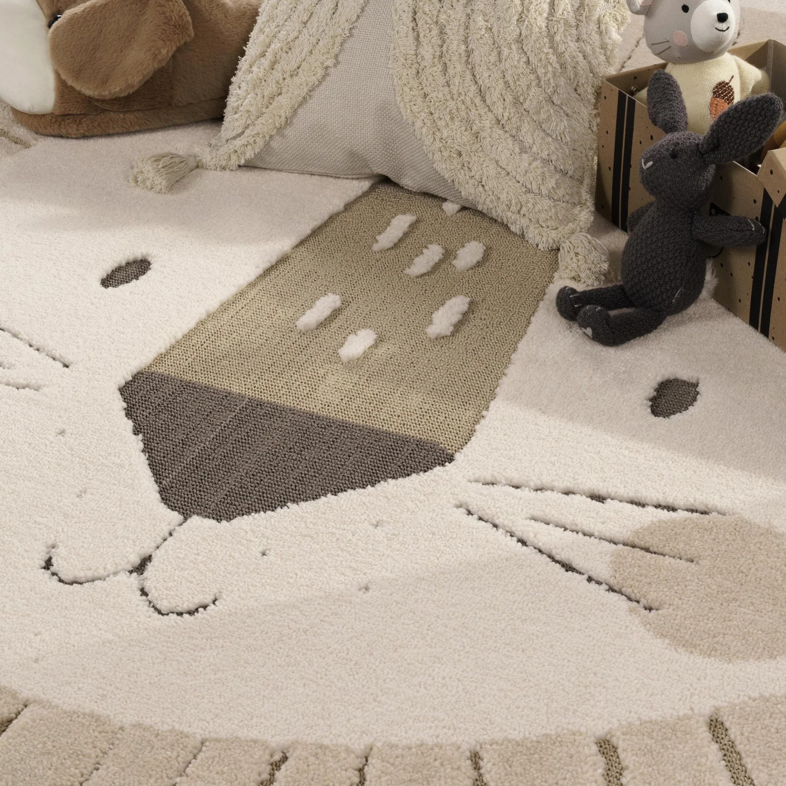 Tapis Chambre Enfant Effet Haut-Bas Motif Lion Couleurs Naturelles Soft-Touch Beige Crème Charbon 80x150 cm