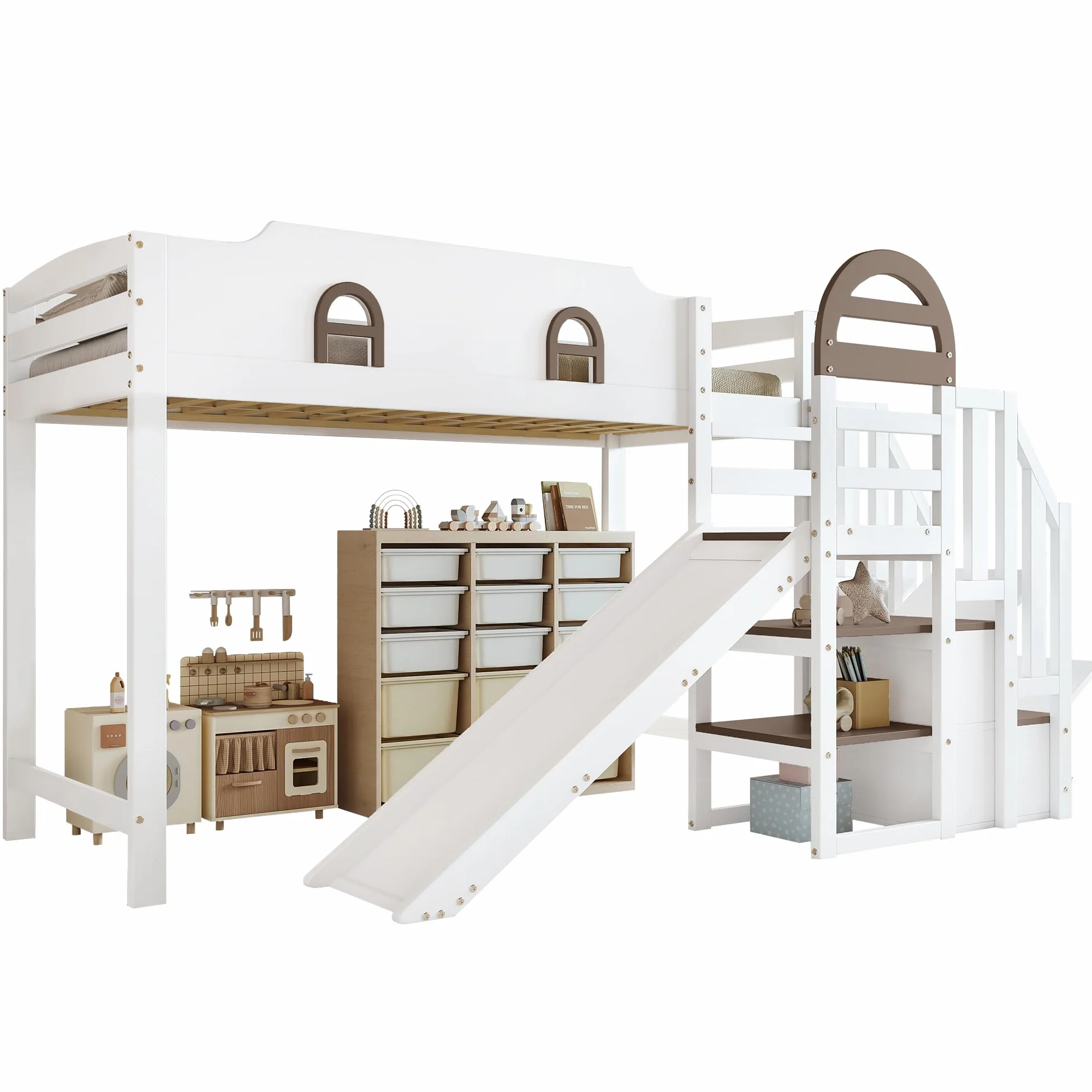 Zepneiy Lit Enfant 90x200 avec Toboggan et Rampe, Lit Superposé Enfant avec 2 casiers dans l'escalier et fenêtre, Pin et MDF Blanc (sans Matelas)