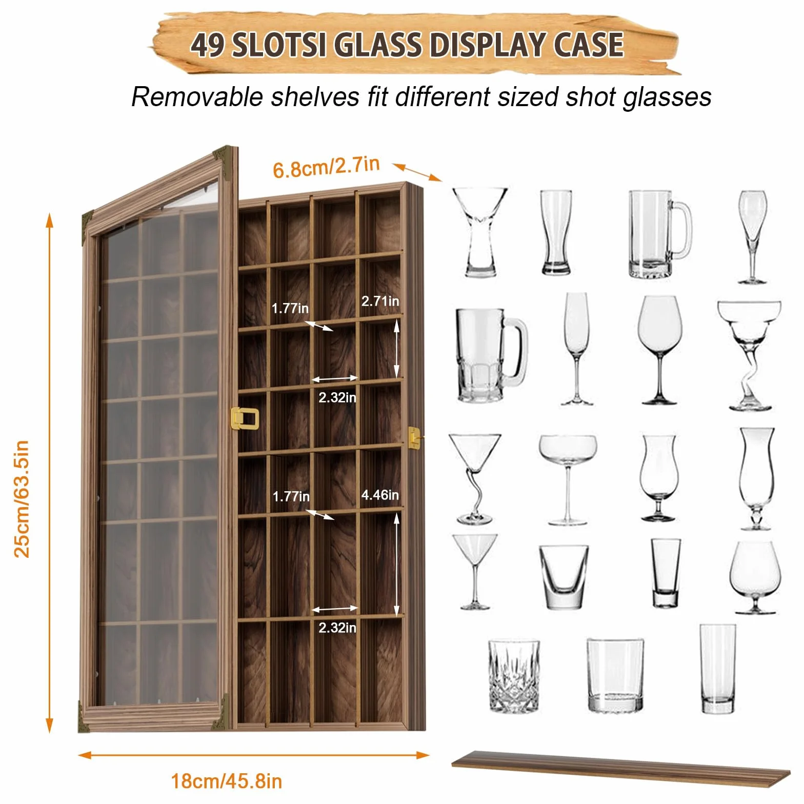 Vitrine pour 49 verres à shot avec étagère amovible - Boîte murale verrouillable avec protection UV - Porte en verre acrylique - Collection en bois