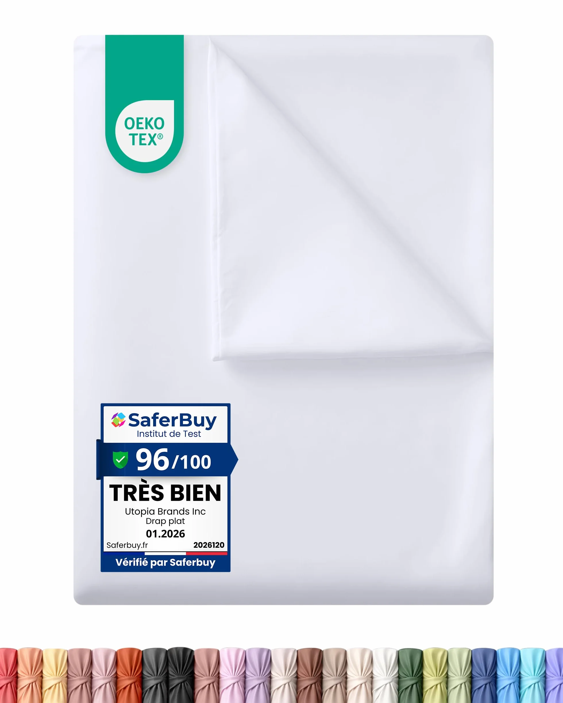Drap Plat sans élastique 270 x 290 cm Oeko-TEX Polyester brossé Doux Microfibre Blanc