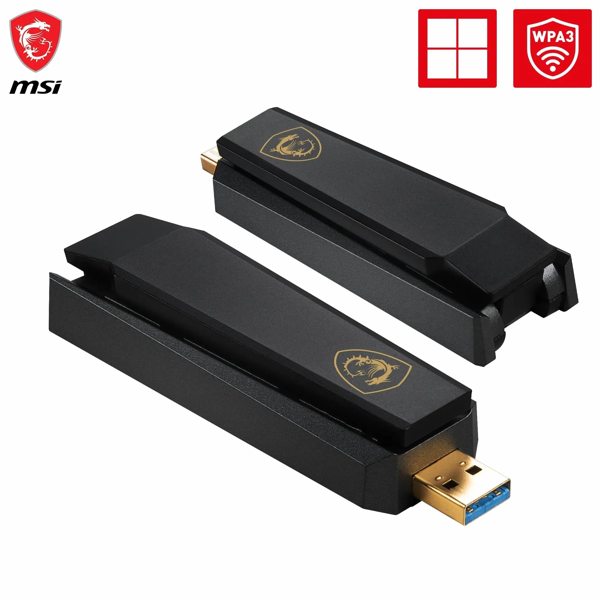 MSI AXE5400 trójpasmowy adapter USB WiFi 6E – WLAN do 5400 Mb/s (6 GHz, 5 GHz, 2,4 GHz bezprzewodowy), USB 3.2 Gen 1 typu A, MU-MIMO, regulowana antena, formowanie wiązki, WPA3 - przewodowy stojak na
