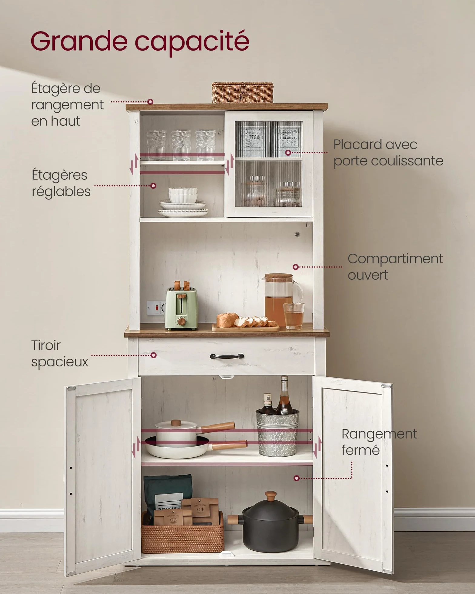 VASAGLE Meuble de Rangement avec Lumières et Chargeur, Placard de Cuisine, avec Portes et Tiroirs, 39,5 x 80,4 x 180,6 cm, Étagères Réglables, Style Campagne, Blanc Rustique et Marron Miel BBK363W22V1
