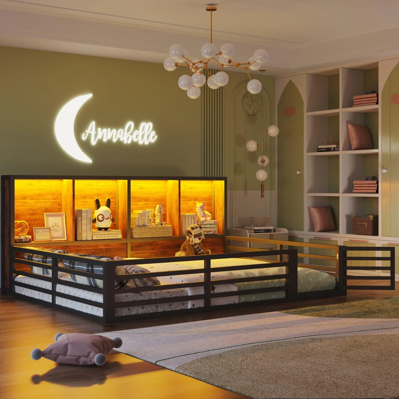 Lit Au Sol 140x200cm en Métal,Lit 2 Personnes Montessori avec Éclairage LED Réglable,Compartiment de Rangement,Porte,Barrières Hautes,pour Garçons Filles(Noir)