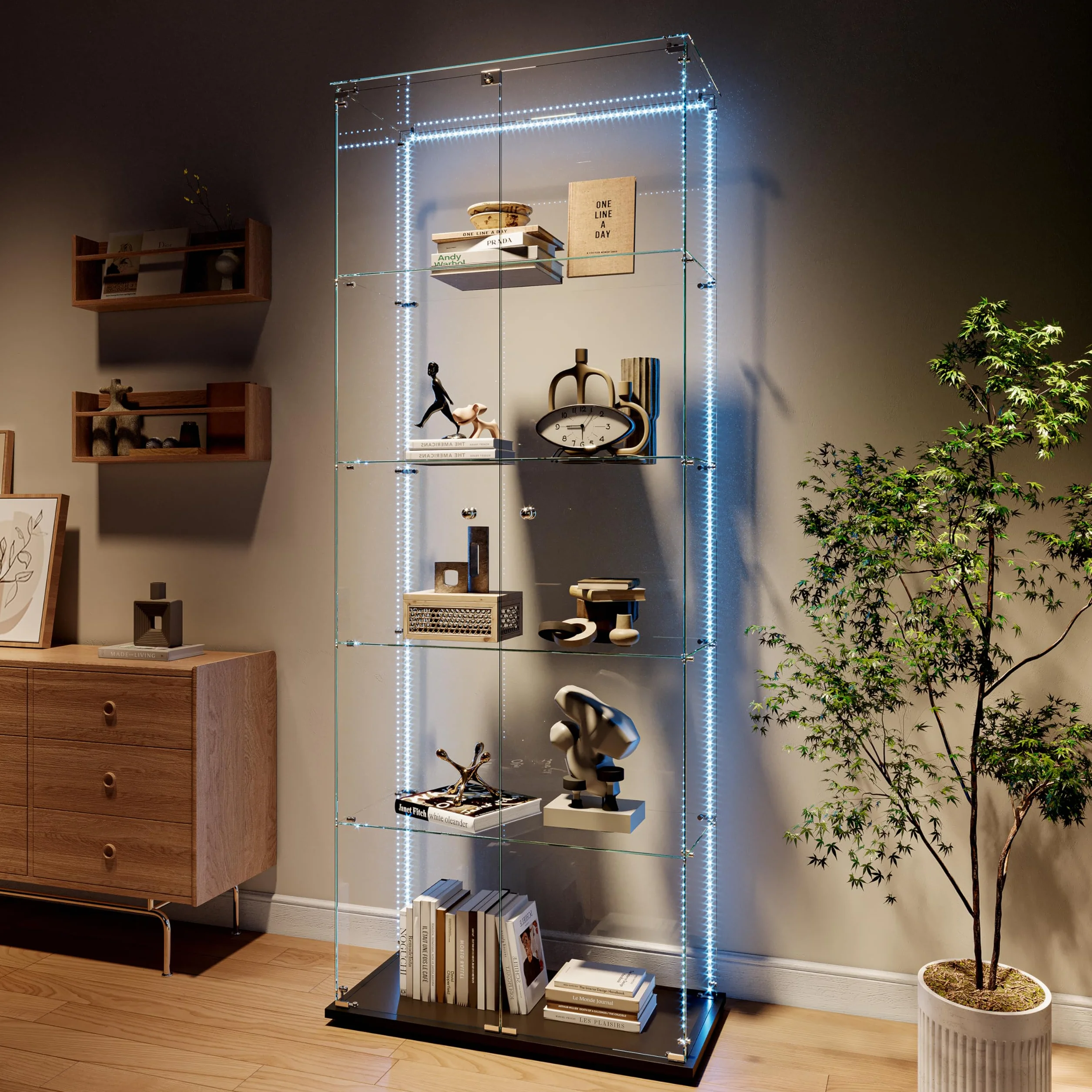 Vitrine,vitrine en Verre de 187x79x35cm,5 Couches avec LED 2 Porte et Serrure,Armoire de Collection Moderne en Verres,Armoire de Rangement en verre Debout pour Salon,Chambre à Coucher, Bureau