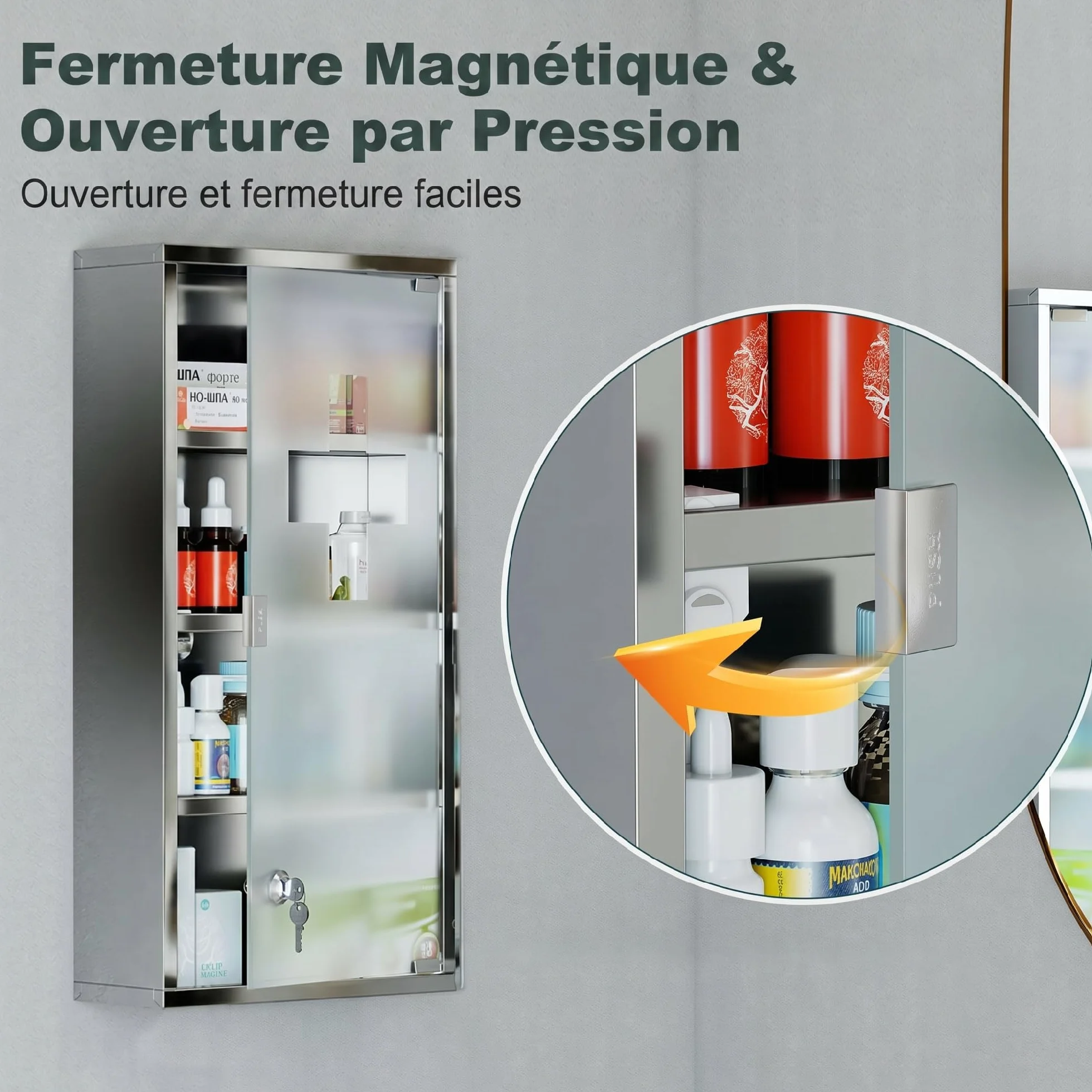 HOMCOM Armoire à Pharmacie 3 étagères 4 Niveaux 30L x 12l x 60H cm Porte Verre trempé Symbole Croix Acier Inoxydable brossé