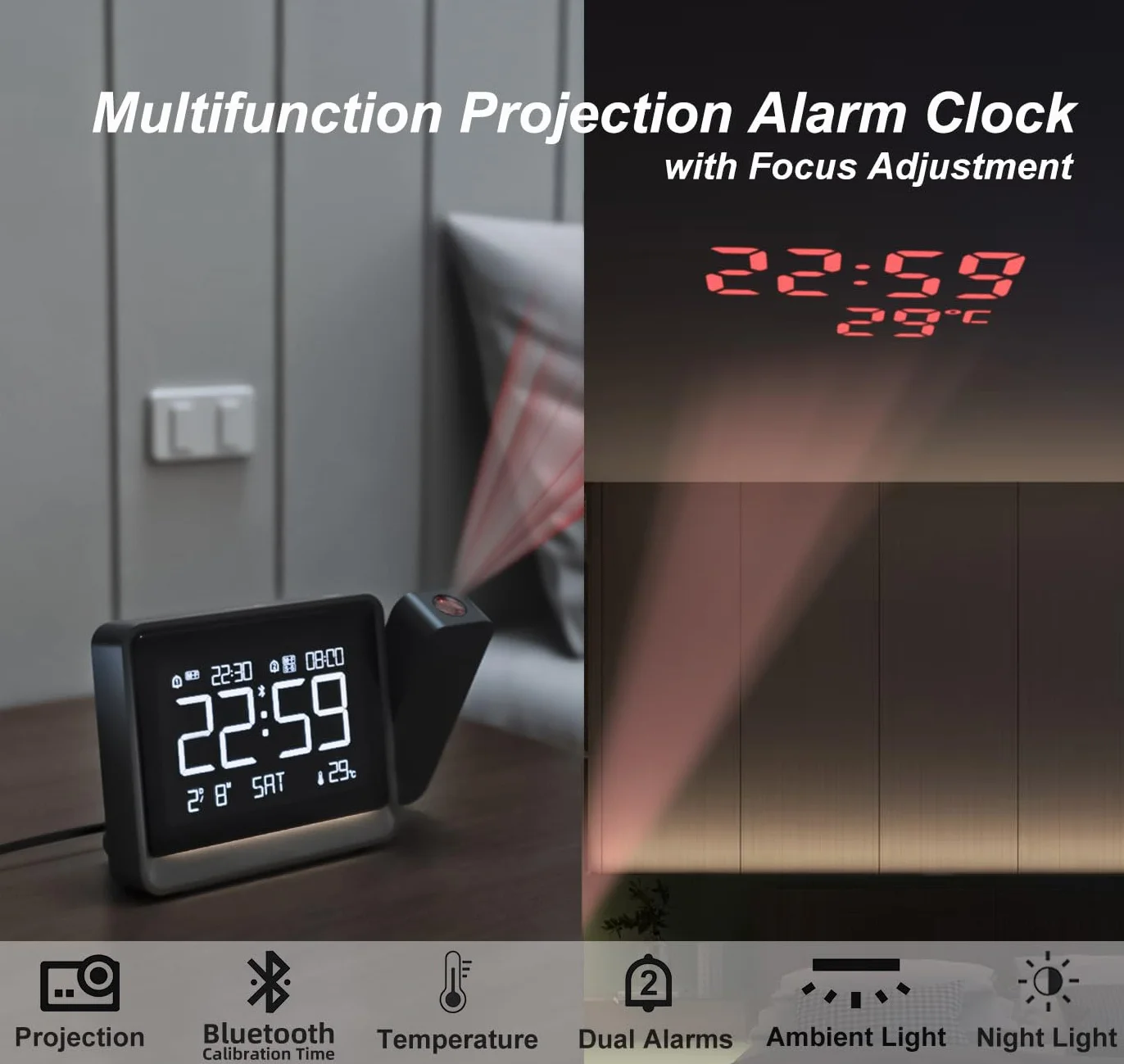 Horloge De Projection Numérique Chambre À Coucher Projecteur Rotatif 180° Synchronisation Heure Bluetooth Doubles Alarmes Date Température Variateur 4 Niveaux