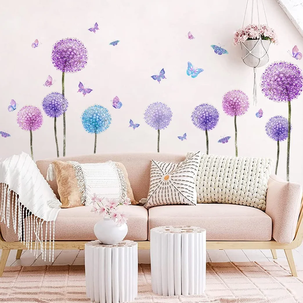 Stickers Muraux FLEURS de PISSENLIT violets 110x62 cm Autocollant Mural Fleurs Pastel Lilas Plantes Déco Murale Chambre