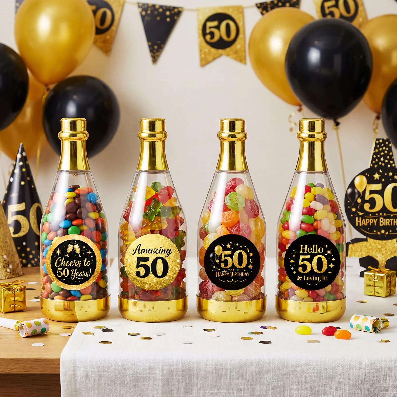 Domensi Lot de 24 mini bouteilles de champagne dorées pour 50e anniversaire avec 24 autocollants, décorations de fête de 50e anniversaire, petits récipients à friandises pour bonbons et bonbons, noir