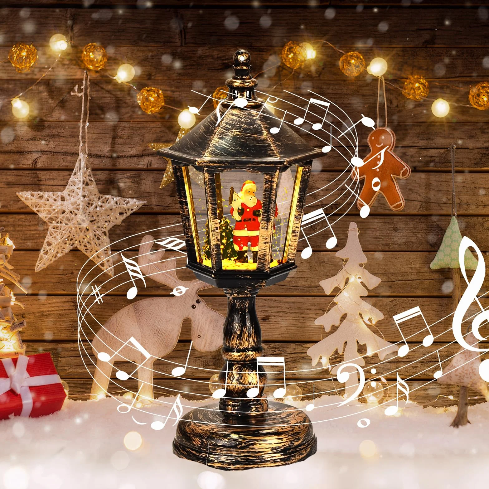 Joellfuner Lanterne Boule à Neige de Noël, Lanterne Noel avec Musique, Lampe de Noel Alimenté par Piles Plug USB, Décorations de Noël Vintage Cadeaux de Décoration D'intérieur(A-Père Noël)