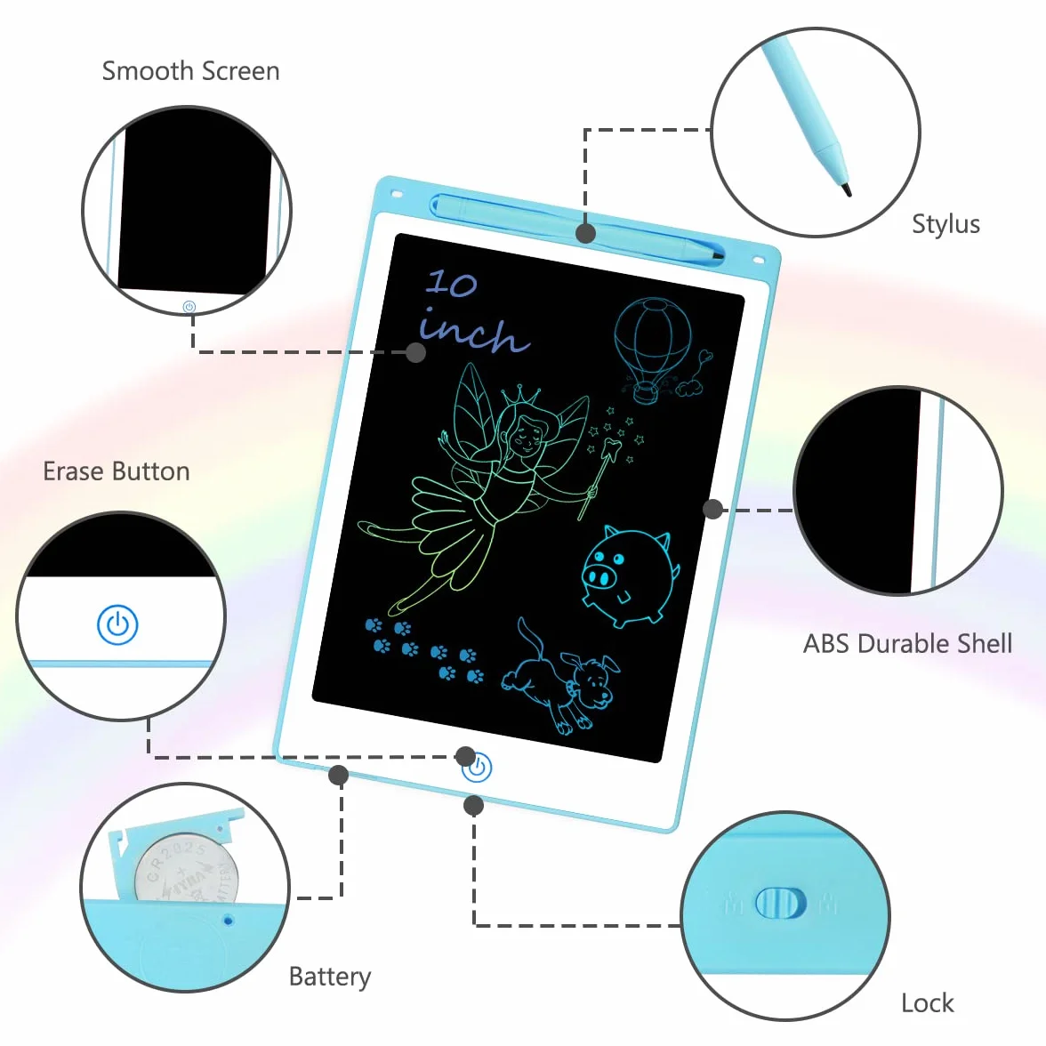 Vicloon Tablet LCD do nauki pisania, kolorowa tablica kreślarska, cyfrowy e-czytnik, elektroniczny tablet graficzny, dla dzieci do pisania odręcznego i rysowania, z blokadą, 10”, niebieski
