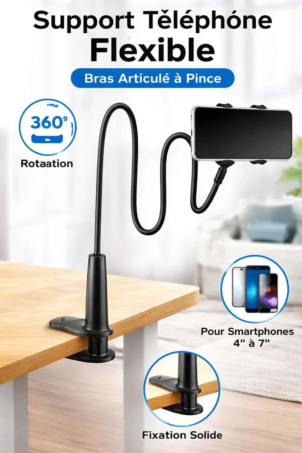 Uchwyt na telefon z łóżkiem, uchwyt na telefon z elastyczną szyjką łabędzia długie ramię regulowany obrót o 360° dla iPhone 13/ 13Pro, 14/14 Pro, 15/15 Pro, 11 Pro XS Max X 8 7, Samsung Huawei Honor