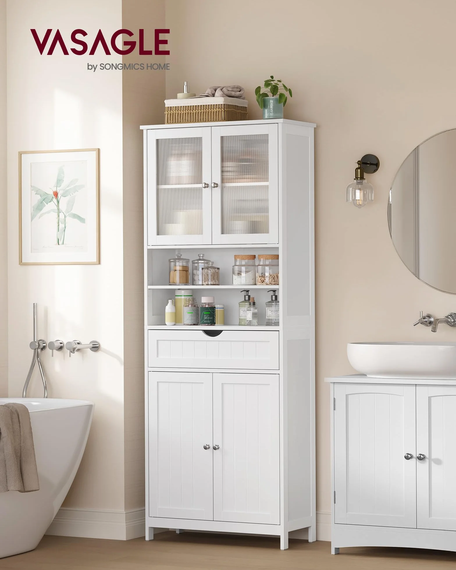 VASAGLE Meuble de Rangement, Armoire de Salle de Bain, avec Étagères Réglables, Tiroir, Compartiments Ouverts, pour Salle de Bain, Salon, Salle à Manger, Blanc Nuage BBC768W01