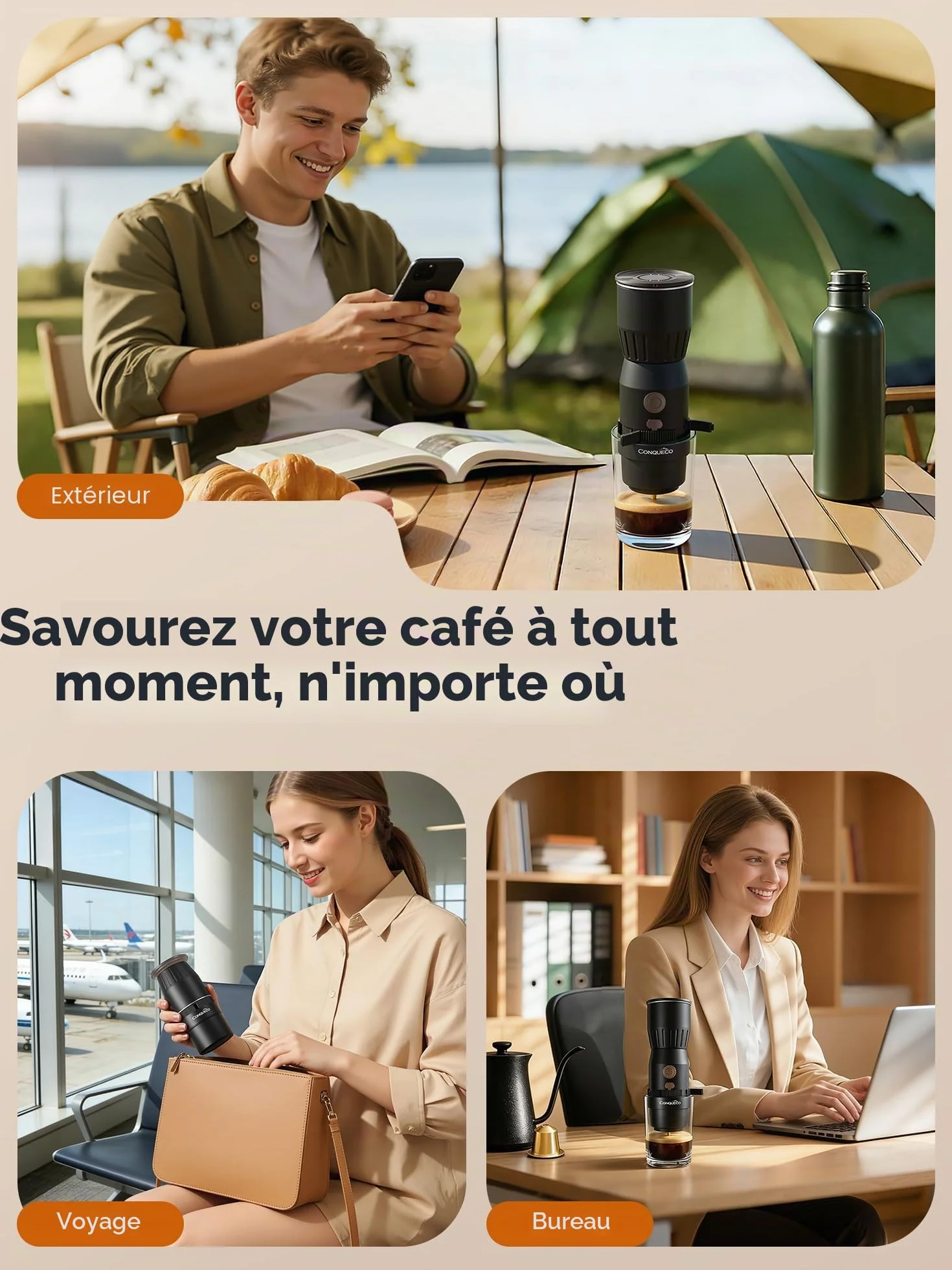 CONQUECO Machine à Café Portable Électrique 20 Bars, 160ml, Pompe Pression Batterie, Compatible Capsule et Café Moulu, USB-C Rechargeable pour Camping Voyage Bureau (Non auto-chauffant) (Noir)