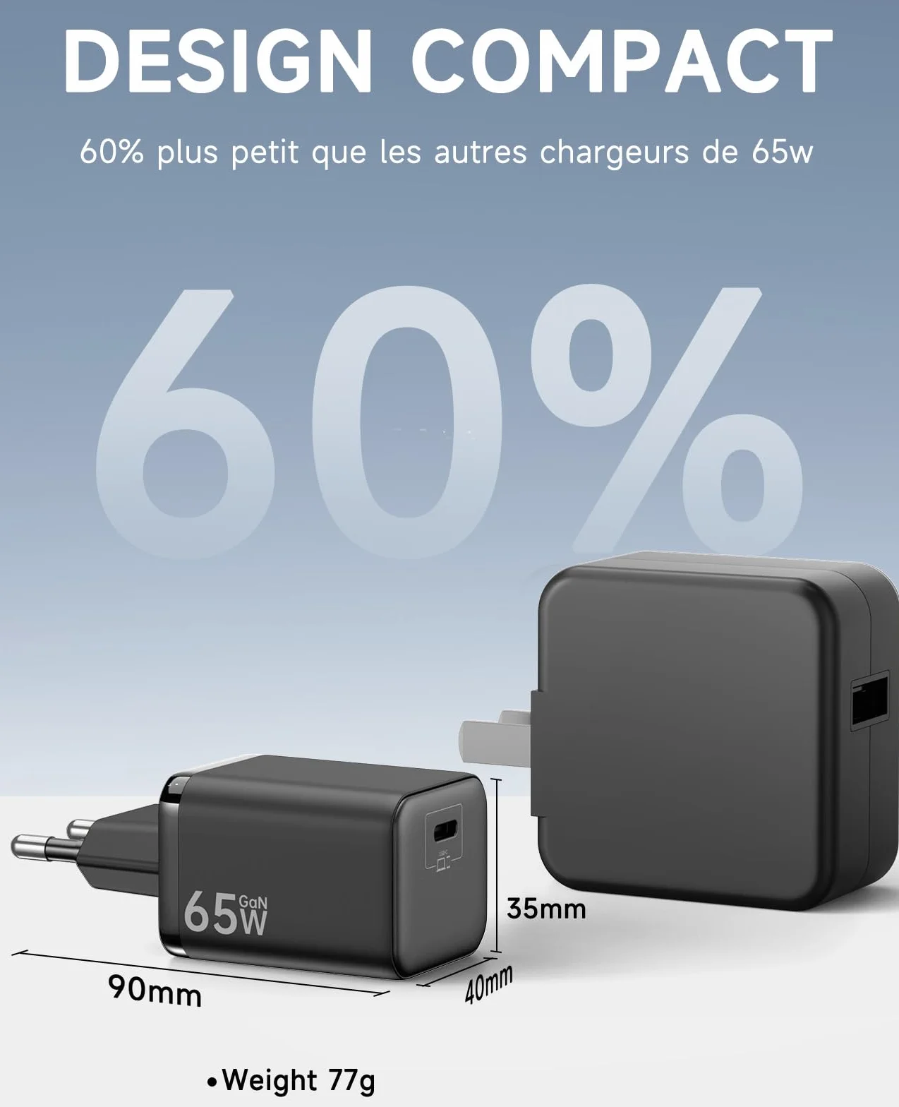 Chargeur USB C 65W GaN II PD3.0 PPS avec Câble Tressé 2M pour MacBook Pro/Air Samsung Galaxy S25 S24 S23 S22 Ultra iPhone 16 15 Noir